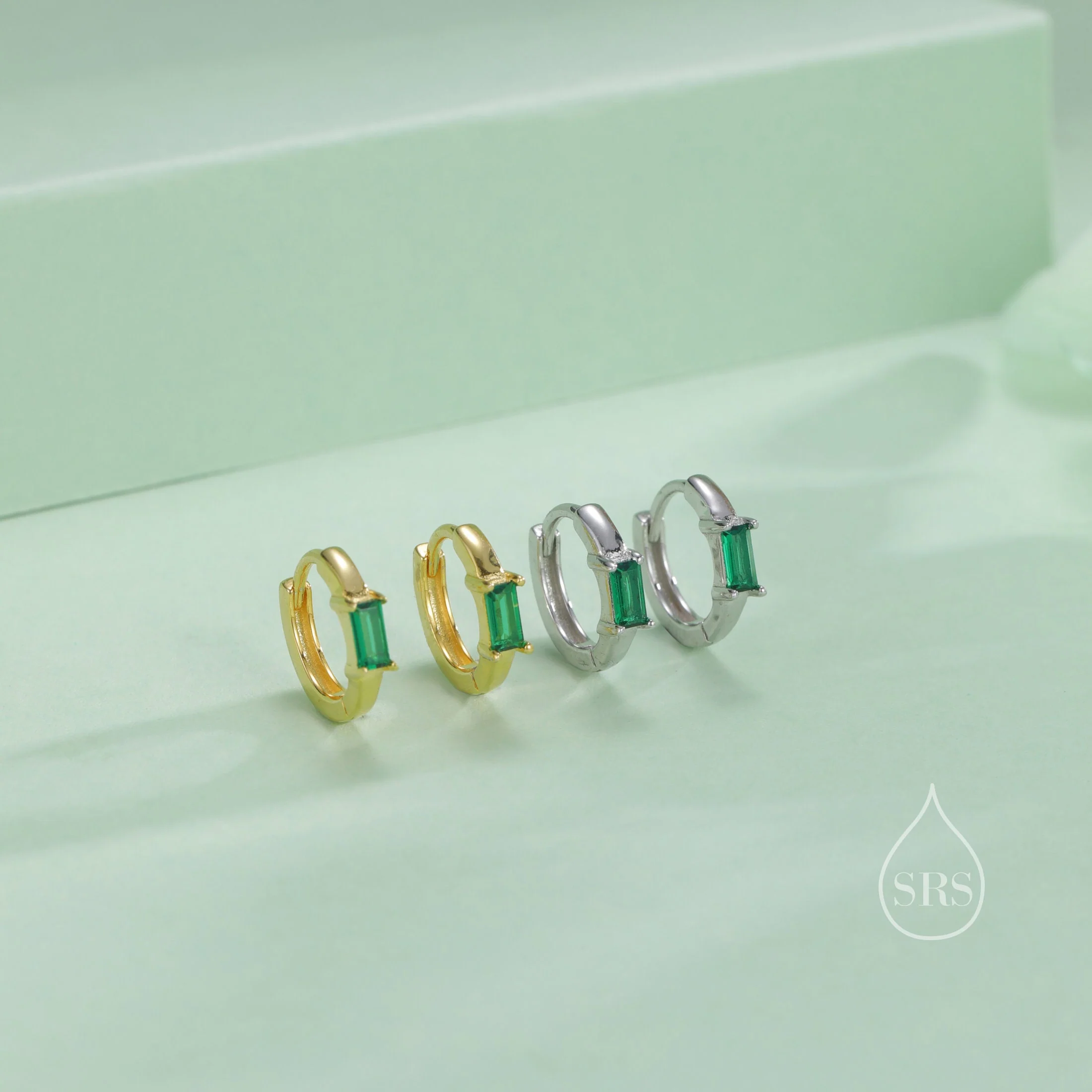 Emerald Green Single Baguette Cut CZ Huggie Hoop in Sterling Silver, Silver or Gold, Minimalist Simple Green Hoop Earrings - Image 6