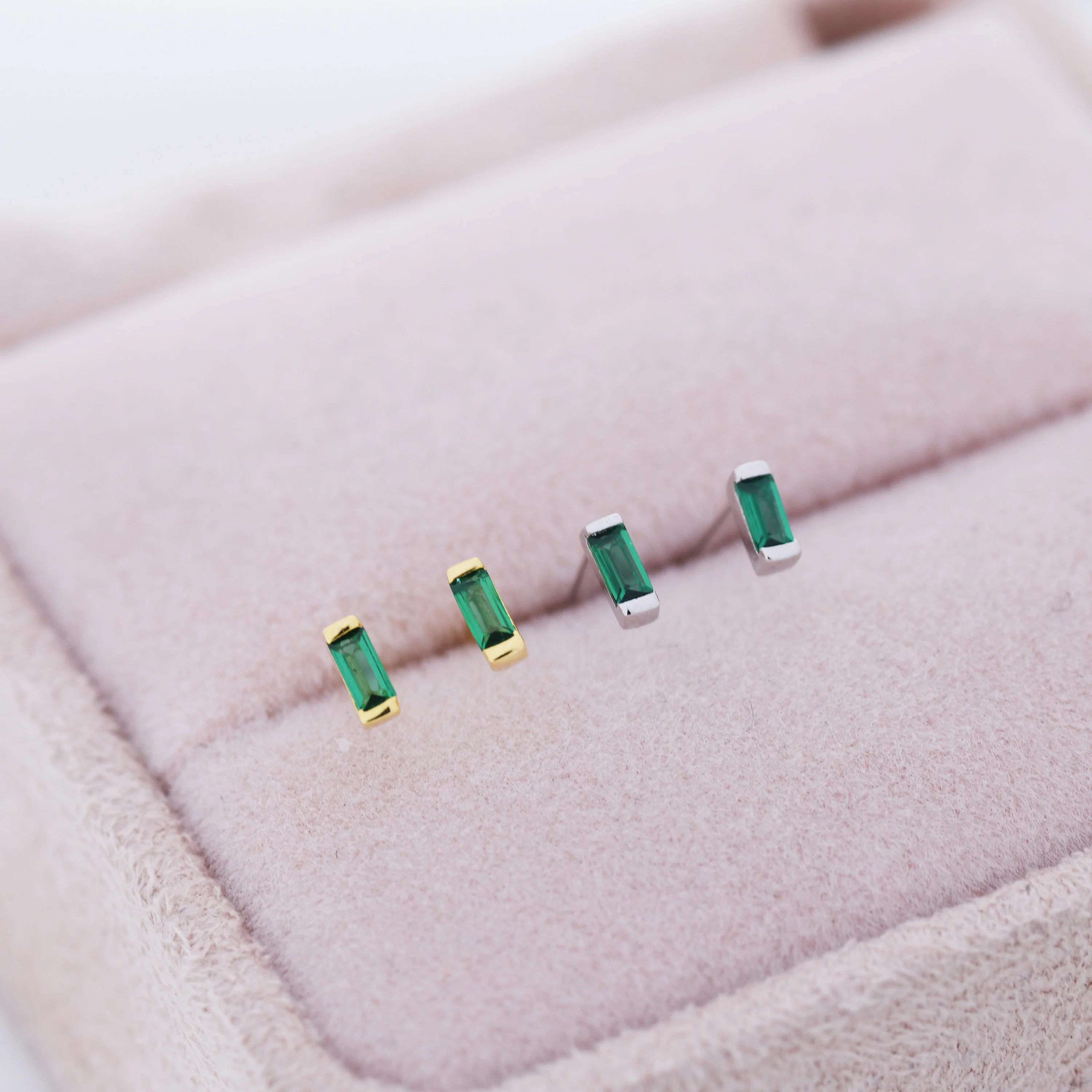 Emerald Green Tiny Baguette CZ Stud Earrings in Sterling Silver, Silver or Gold, Geometric Tiny CZ Earrings, Stacking Earrings - Image 5