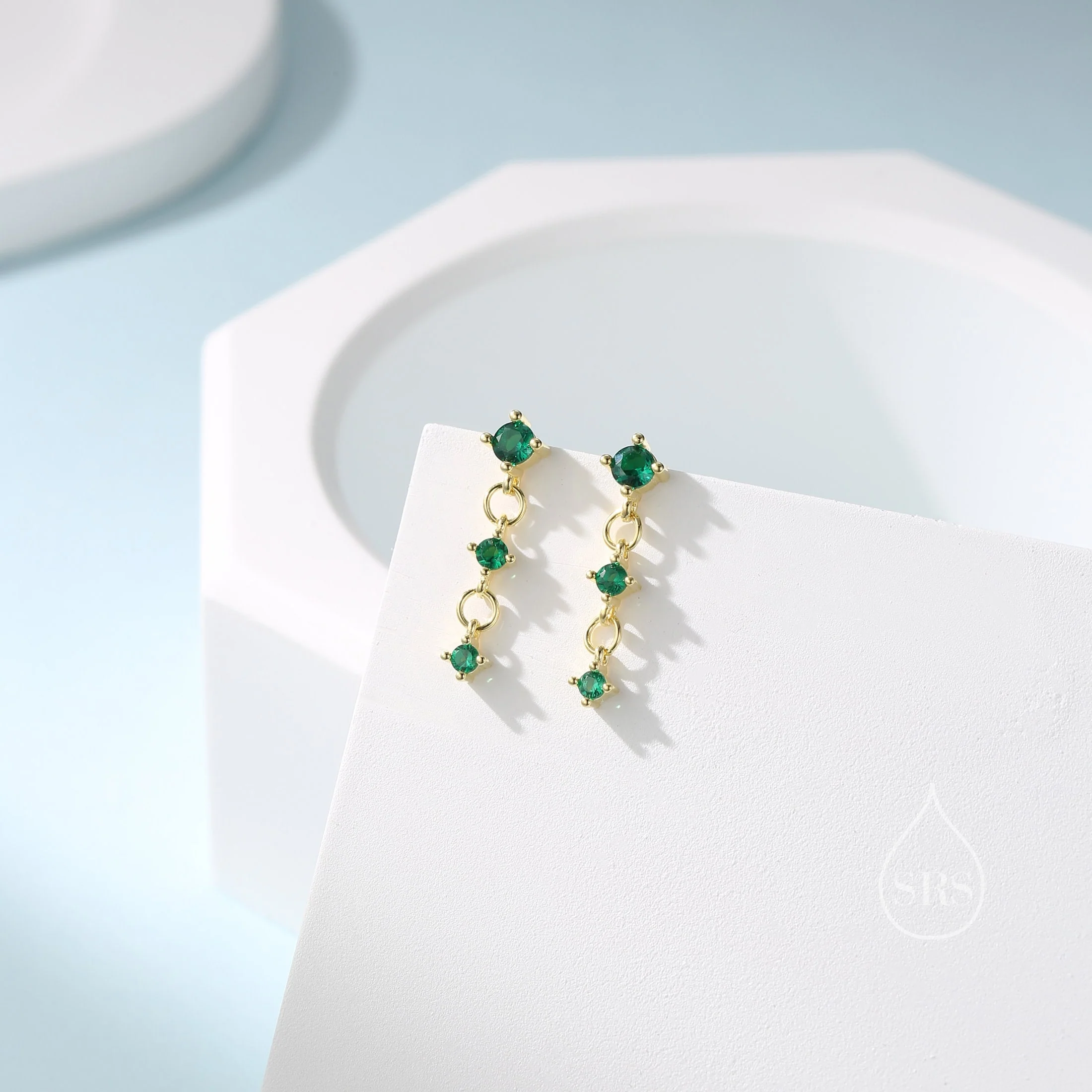 Emerald Green Triple CZ Dangle Chain Stud Drop Earrings in Sterling Silver, Silver or Gold, Three Green CZ Chain Earrings, CZ Drop Earrings - Image 2