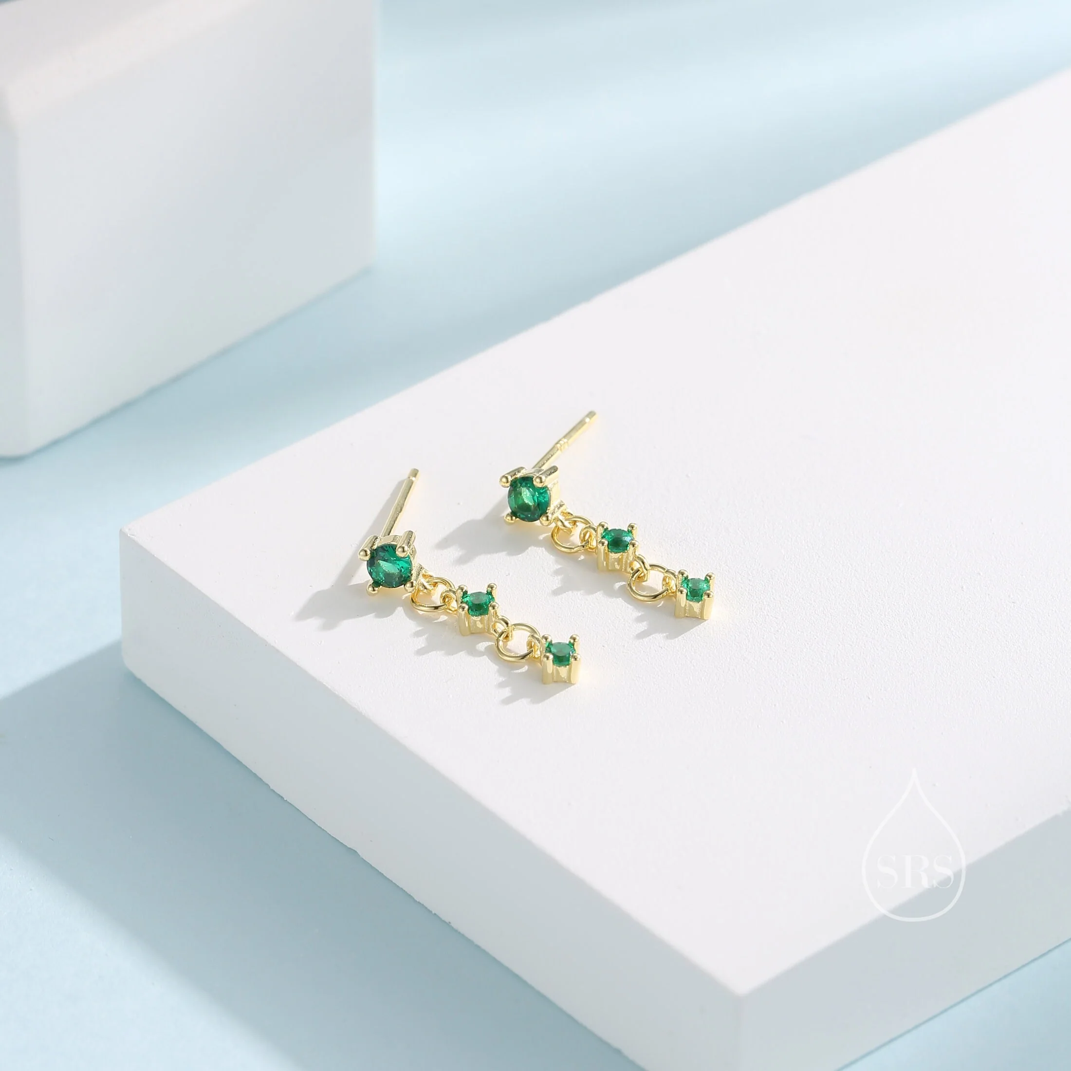 Emerald Green Triple CZ Dangle Chain Stud Drop Earrings in Sterling Silver, Silver or Gold, Three Green CZ Chain Earrings, CZ Drop Earrings - Image 3