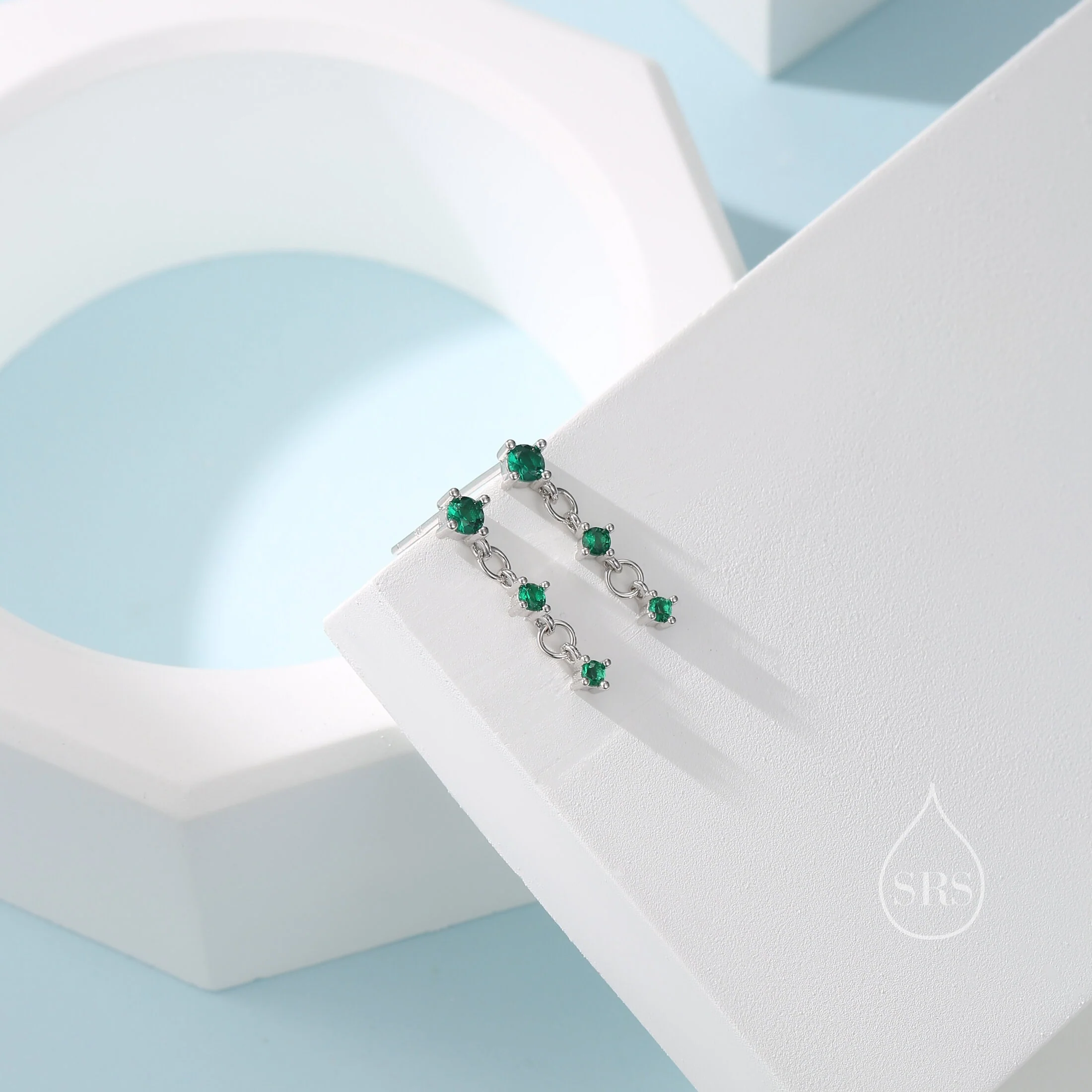Emerald Green Triple CZ Dangle Chain Stud Drop Earrings in Sterling Silver, Silver or Gold, Three Green CZ Chain Earrings, CZ Drop Earrings - Image 4