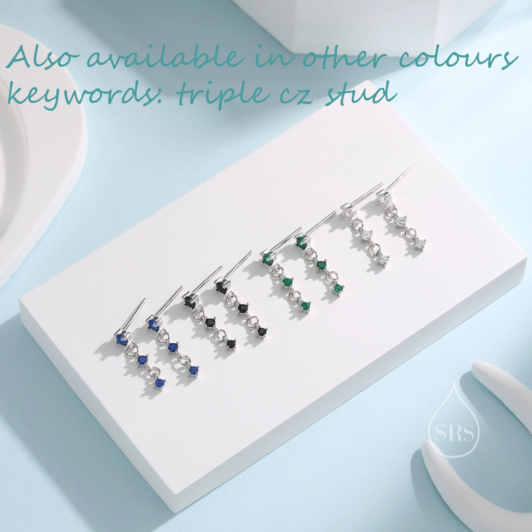 Emerald Green Triple CZ Dangle Chain Stud Drop Earrings in Sterling Silver, Silver or Gold, Three Green CZ Chain Earrings, CZ Drop Earrings - Image 8
