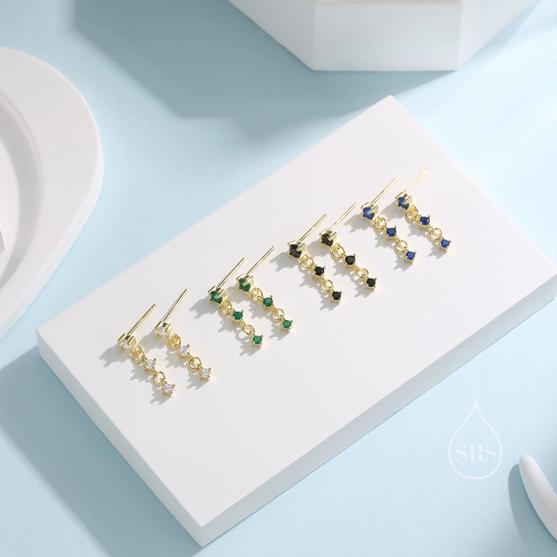 Emerald Green Triple CZ Dangle Chain Stud Drop Earrings in Sterling Silver, Silver or Gold, Three Green CZ Chain Earrings, CZ Drop Earrings - Image 9
