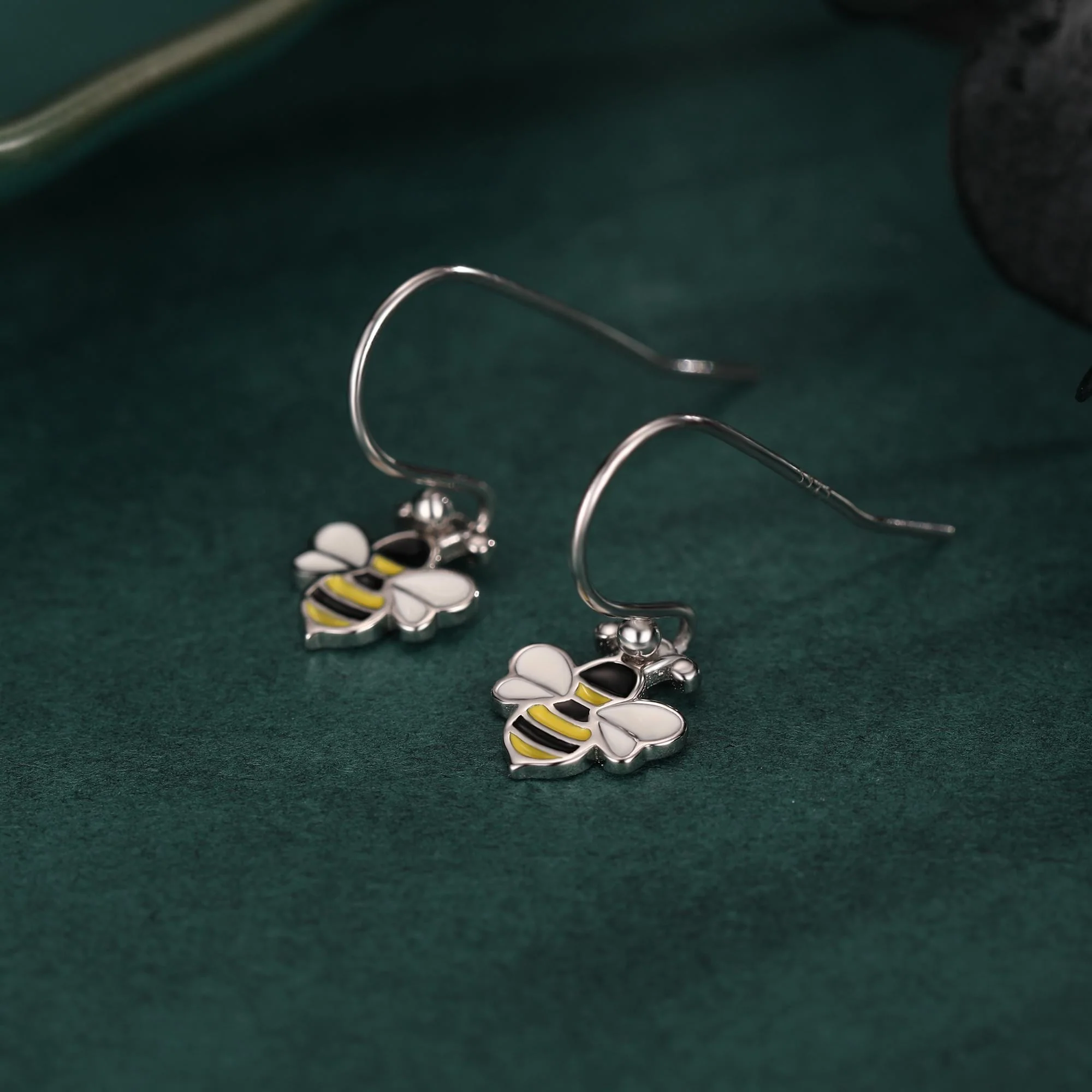 Enamel Bumble Bee Drop Earrings in Sterling Silver,  Earrings, Tiny Bee Earrings, Tiny Bee Hook Earrings, Silver Bee Earrings - Image 6