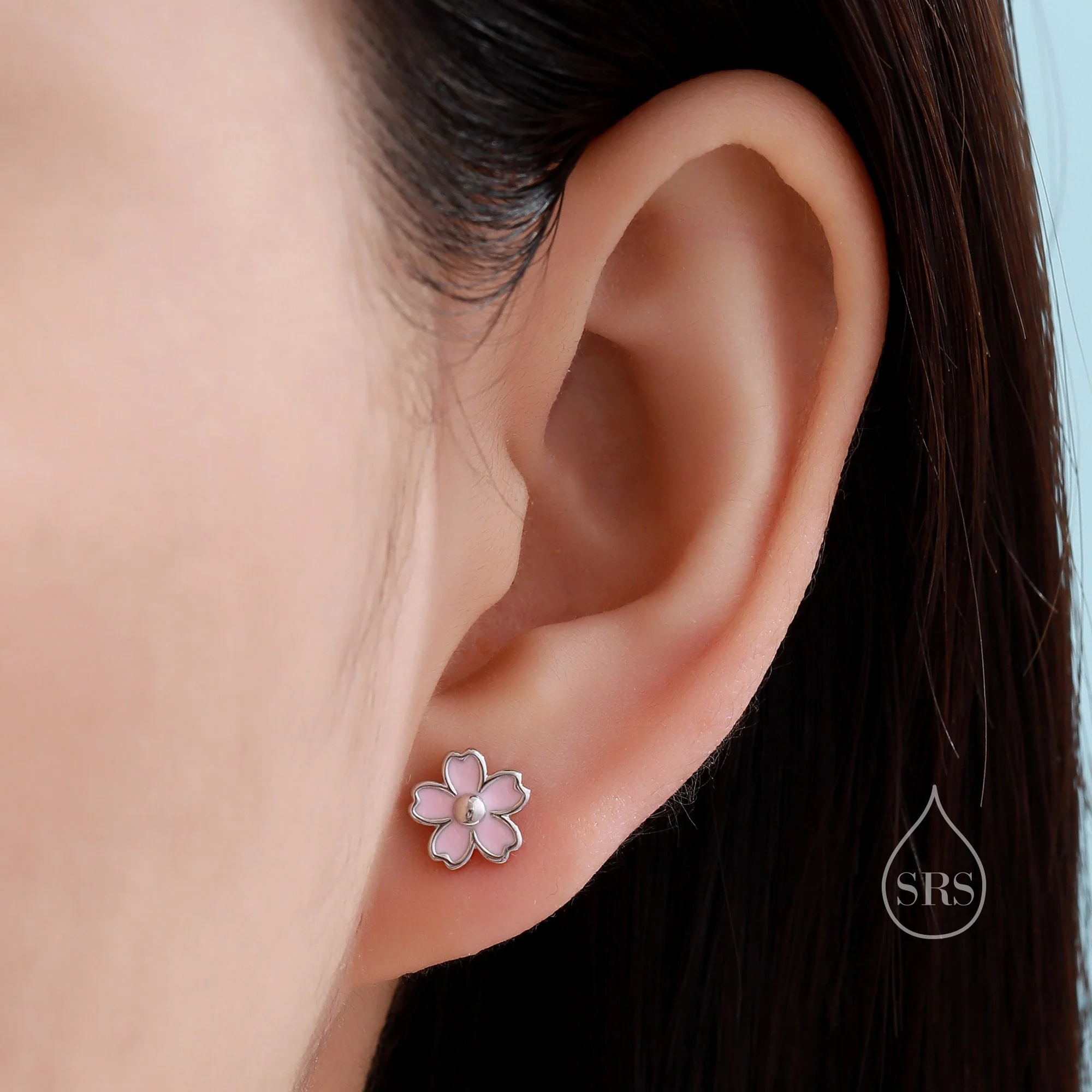 Enamel Cherry Blossom Stud Earrings in Sterling Silver, Pink Cherry Blossom Flower Earrings - Image 6