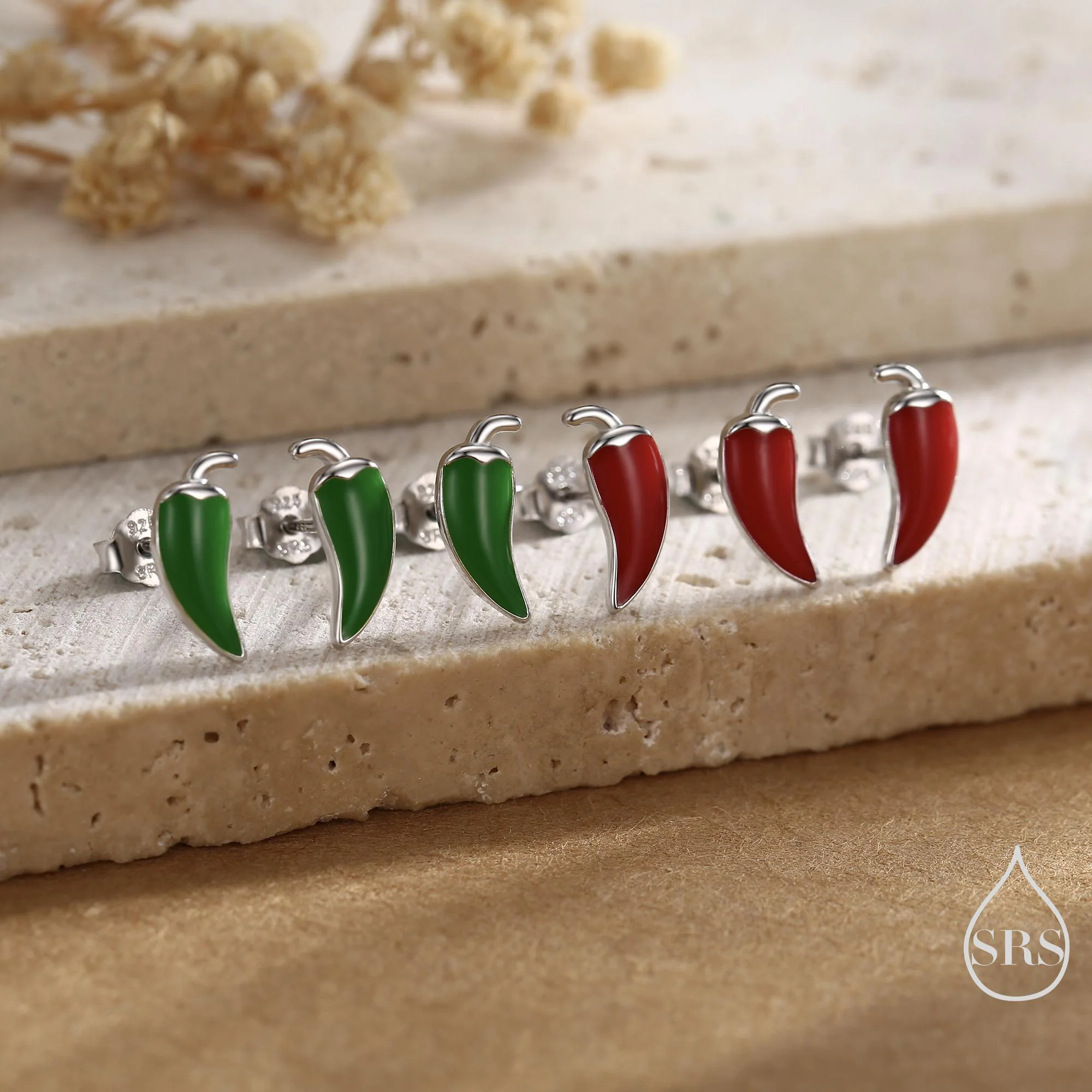 Enamel Chilli Pepper Stud Earrings in Sterling Silver, Green Chilli or Red Chilli Earrings, Chilli Pepper Earrings - Image 6