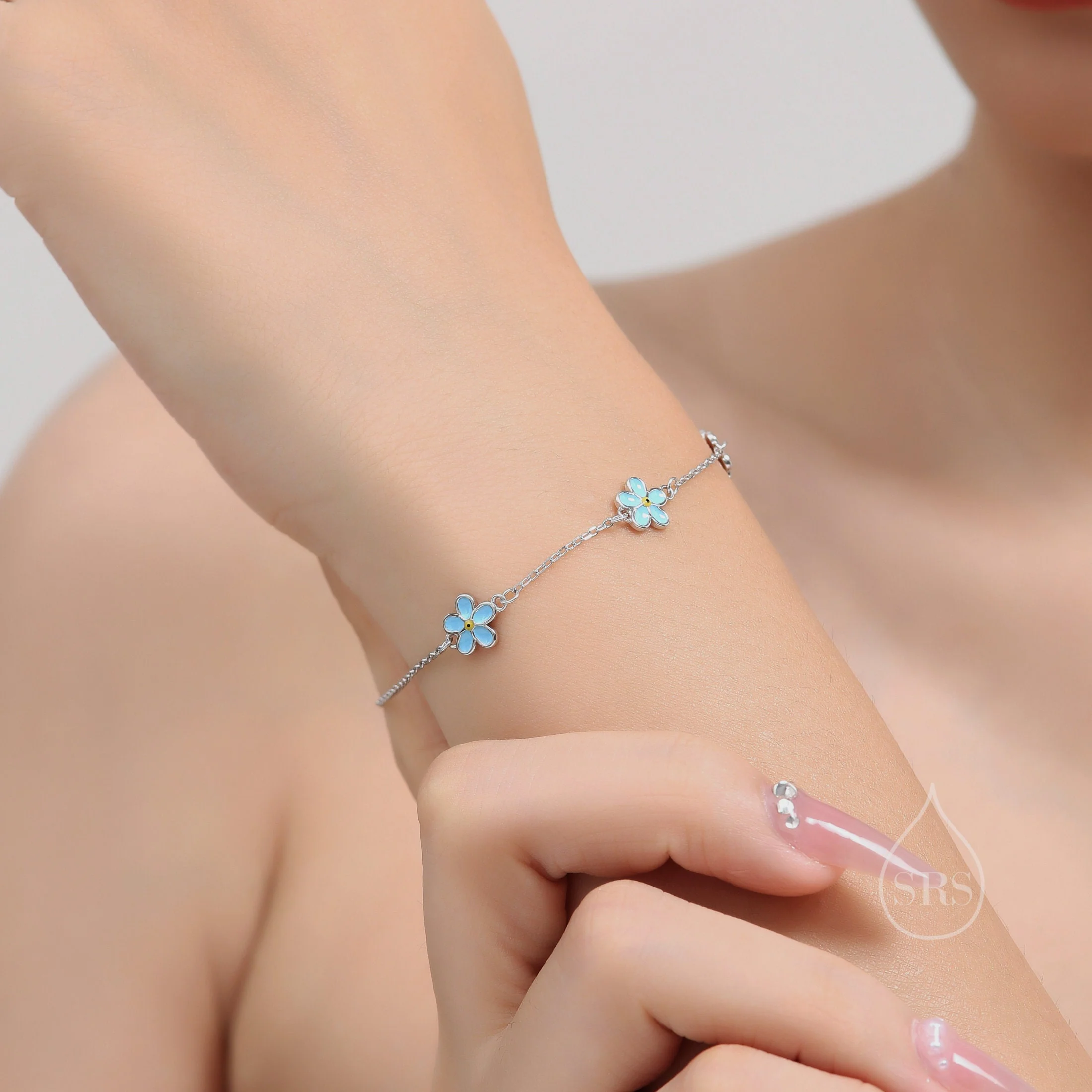 Enamel Forget Me Not Flower Motif Bracelet in Sterling Silver, Flower Bracelet, Blossom Bracelet, Forget-me-not Flower Bracelet - Image 4