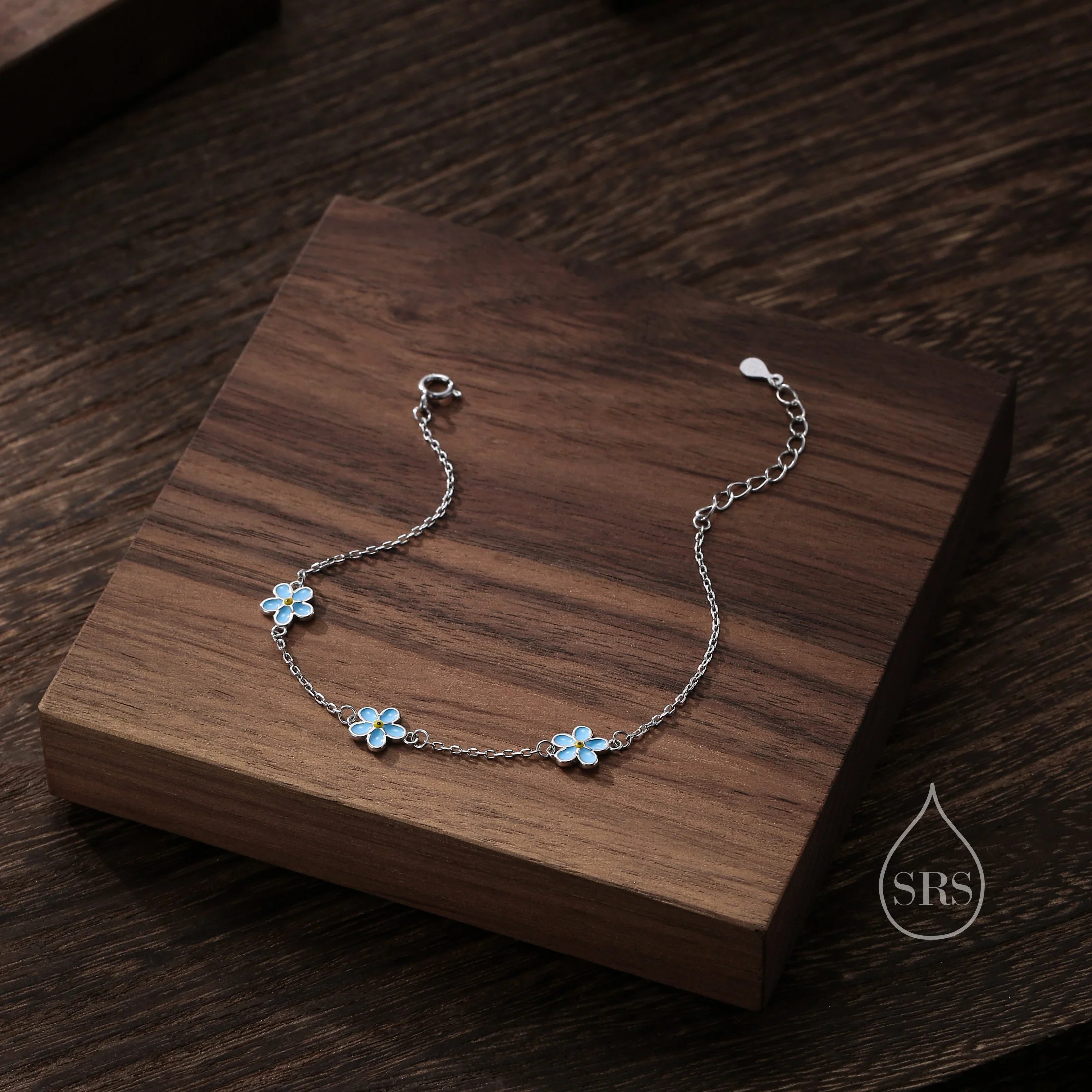 Enamel Forget Me Not Flower Motif Bracelet in Sterling Silver, Flower Bracelet, Blossom Bracelet, Forget-me-not Flower Bracelet - Image 5