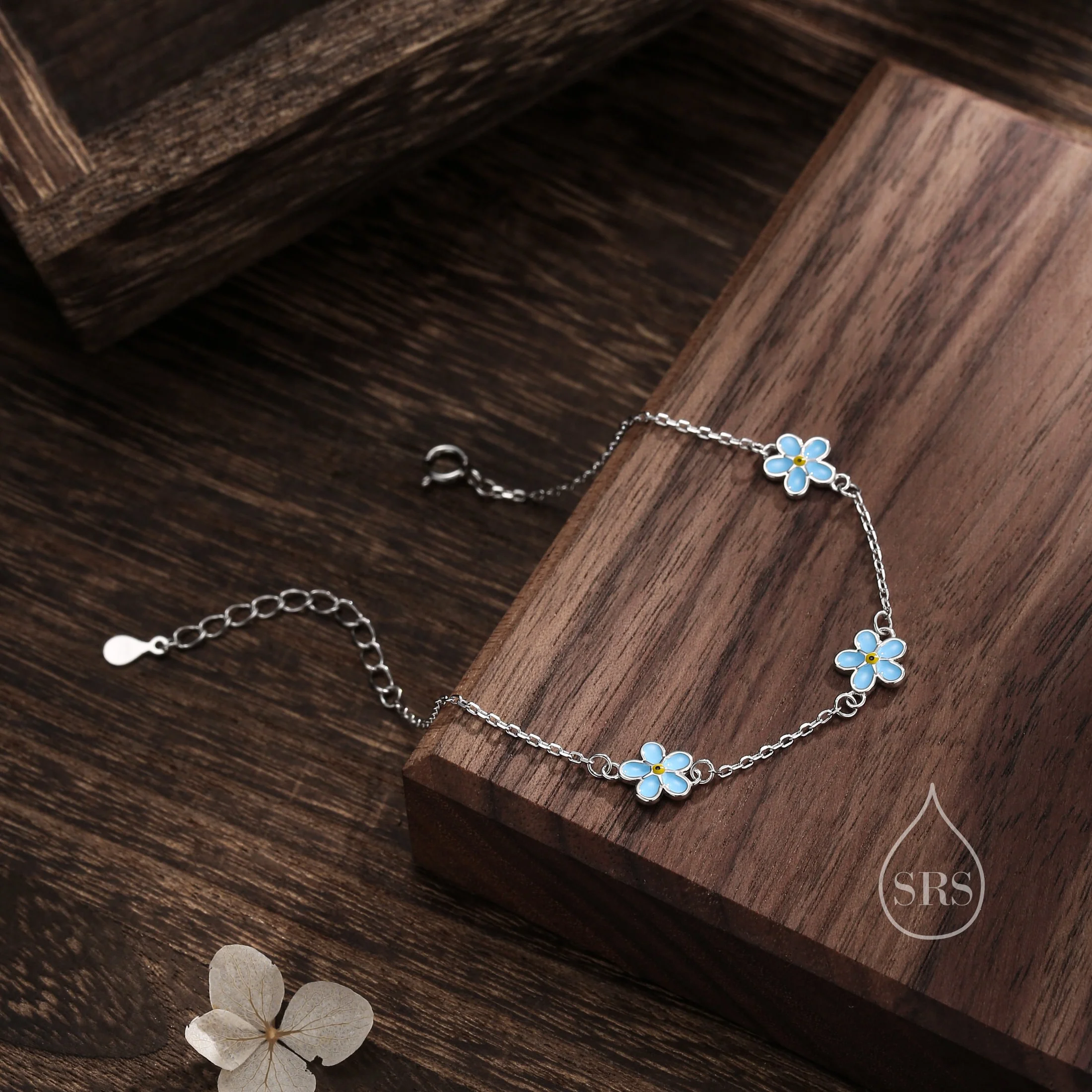 Enamel Forget Me Not Flower Motif Bracelet in Sterling Silver, Flower Bracelet, Blossom Bracelet, Forget-me-not Flower Bracelet - Image 6