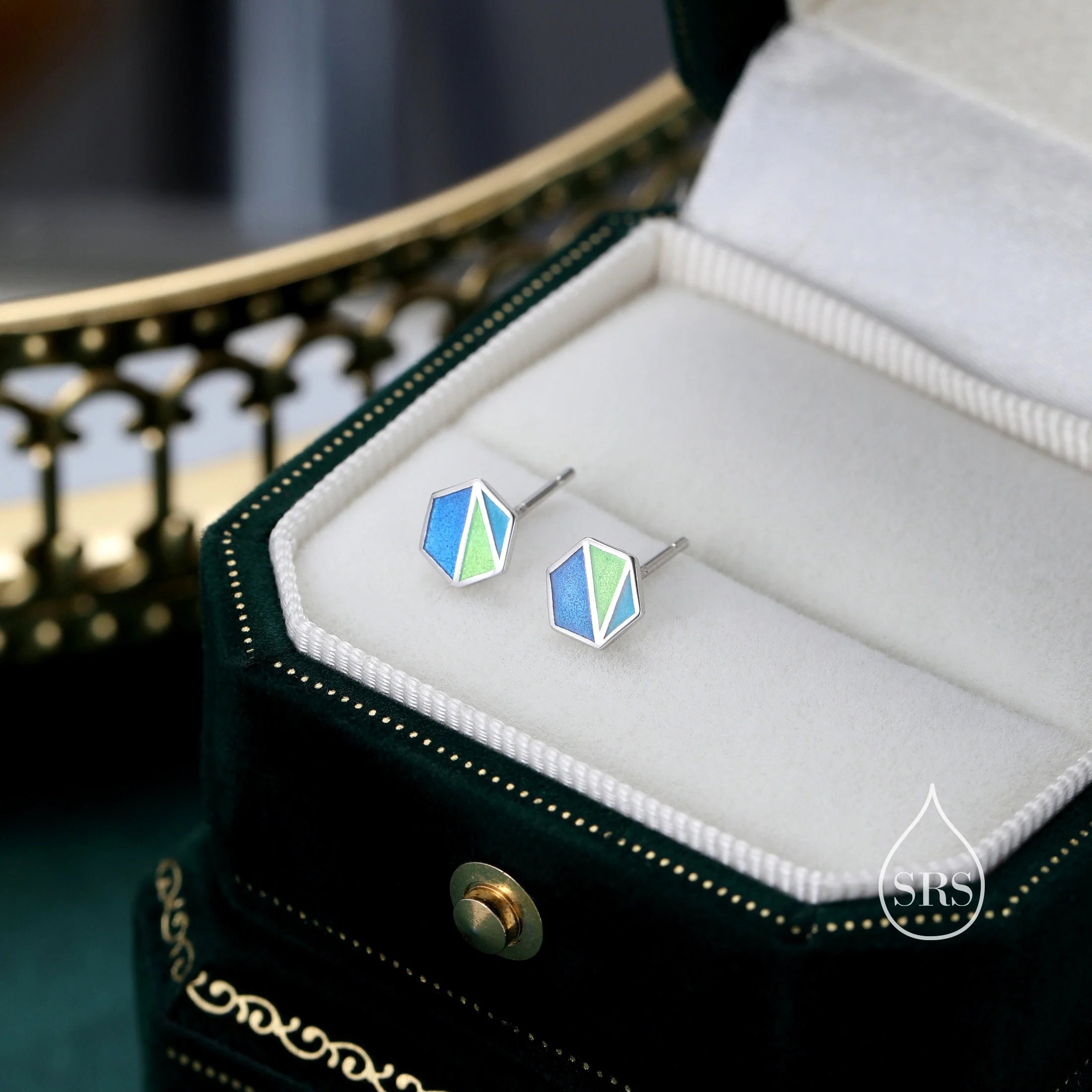 Enamel Hexagon Stud Earrings in Sterling Silver, Hand Painted Enamel Hexagon Earrings, Hexagon Stud