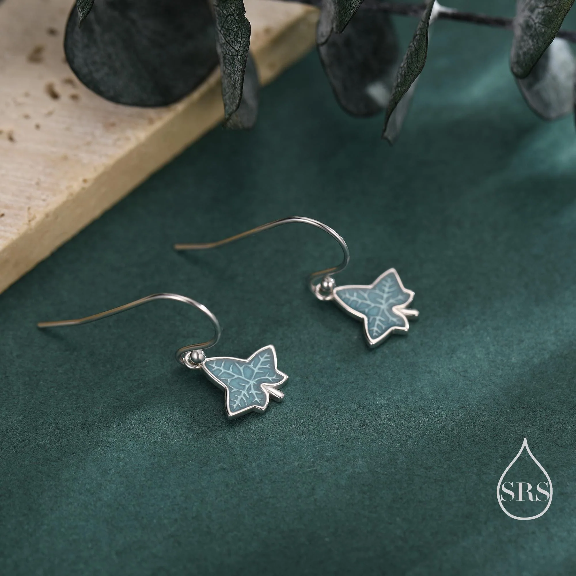 Enamel Ivy Leaf Drop Hook Earrings in Sterling Silver, Nature Inspired Leaf Earrings - Image 4