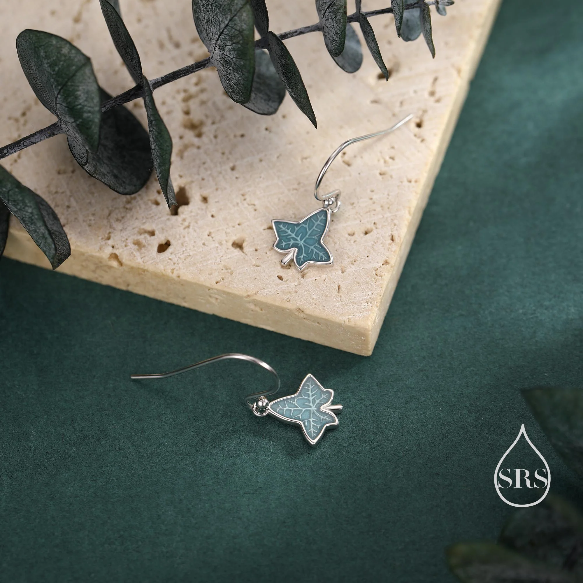 Enamel Ivy Leaf Drop Hook Earrings in Sterling Silver, Nature Inspired Leaf Earrings - Image 5