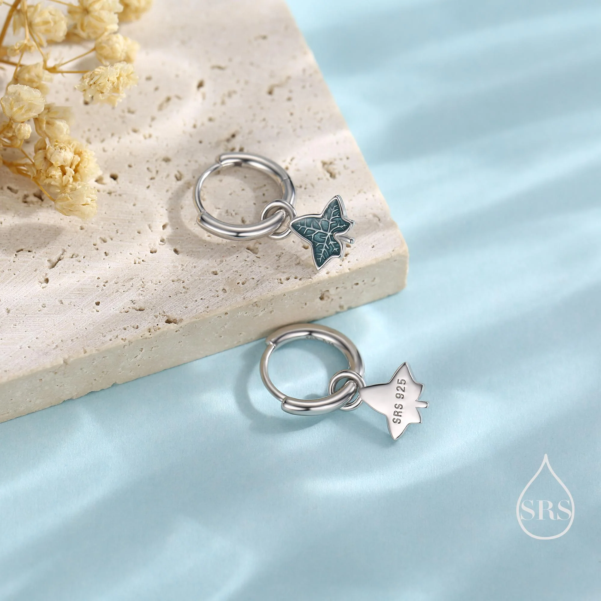 Enamel Ivy Leaf Huggie Hoop Earrings in Sterling Silver, Nature Inspired Leaf Earrings - Image 3