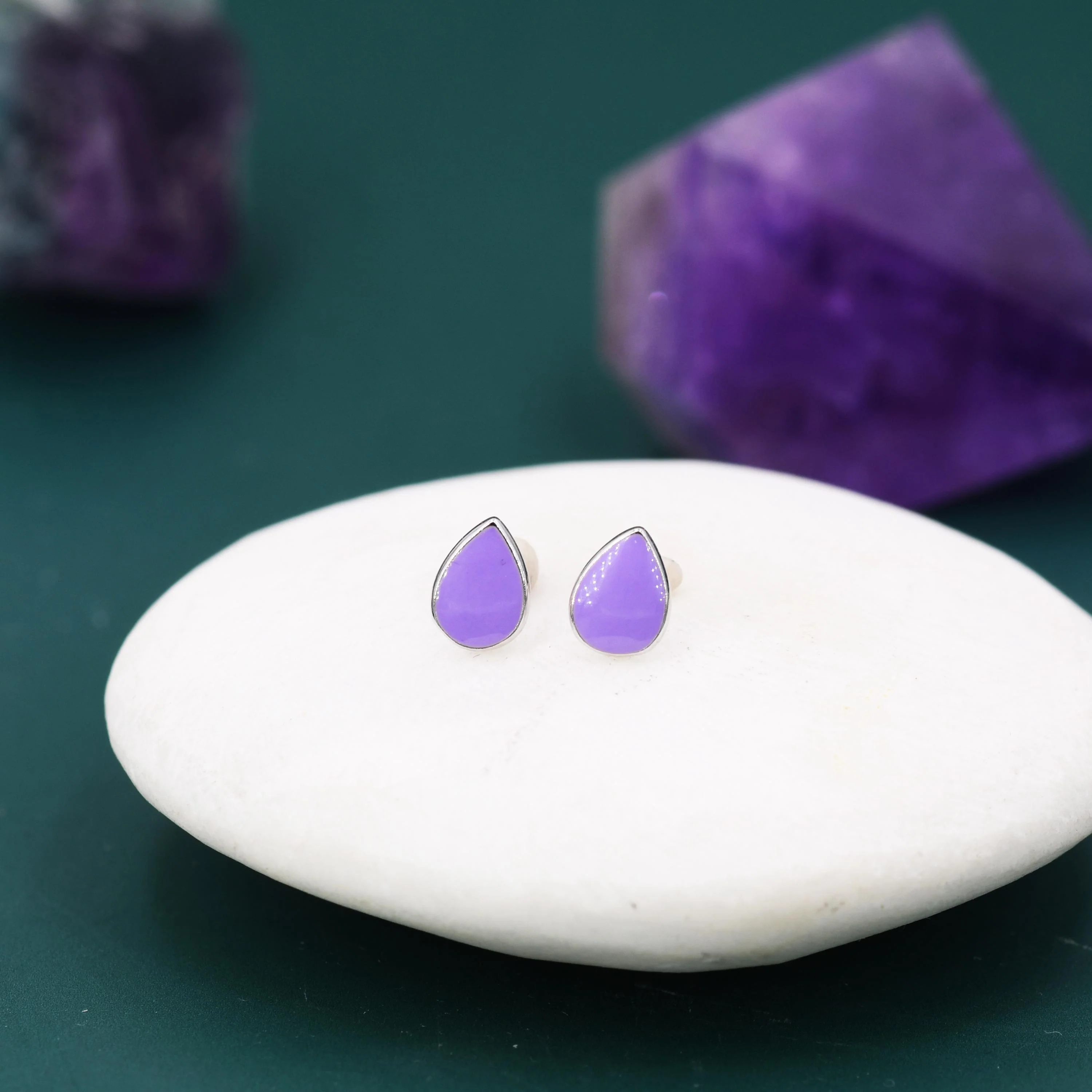 Enamel Purple Droplet Dot Stud Earrings in Sterling Silver with Hand Painted Enamel, Pastel Purple Stud, Enamel Droplet, Drop Shape - Image 4