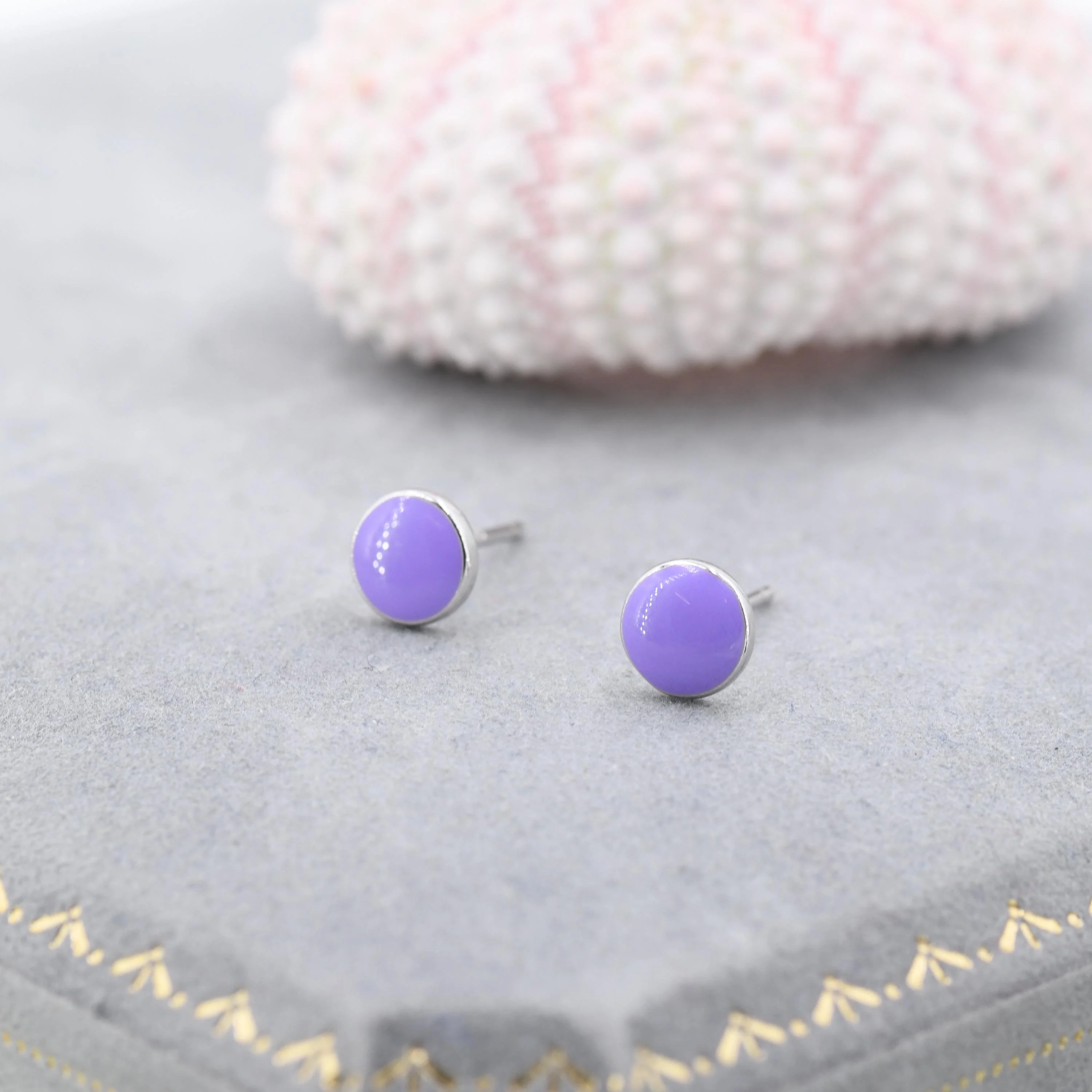 Enamel Purple Round Dot Stud Earrings in Sterling Silver with Hand Painted Enamel, Pastel Purple Stud, - Image 4