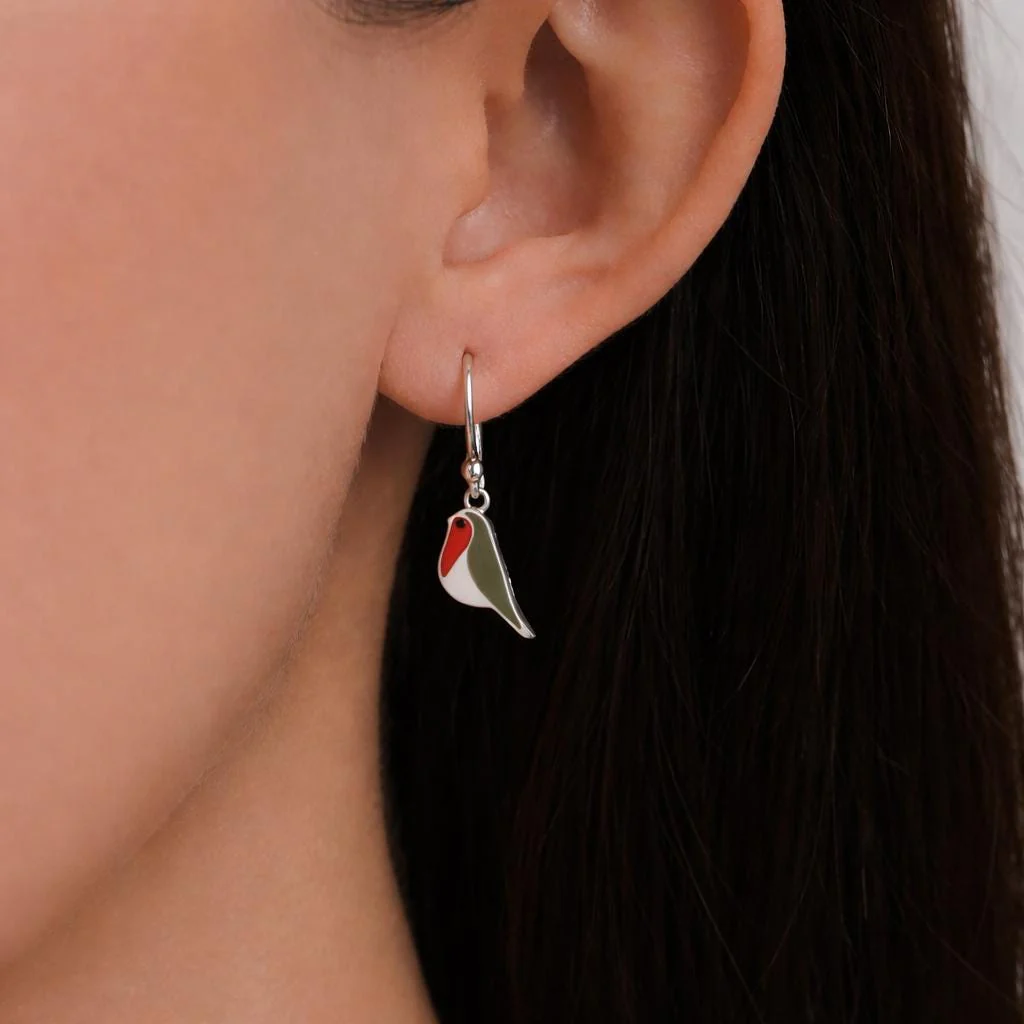 Enamel Robin Bird Drop Hook Earrings in Sterling Silver, Sterling Silver Enamel Robin Earrings, Nature Inspired - Image 2