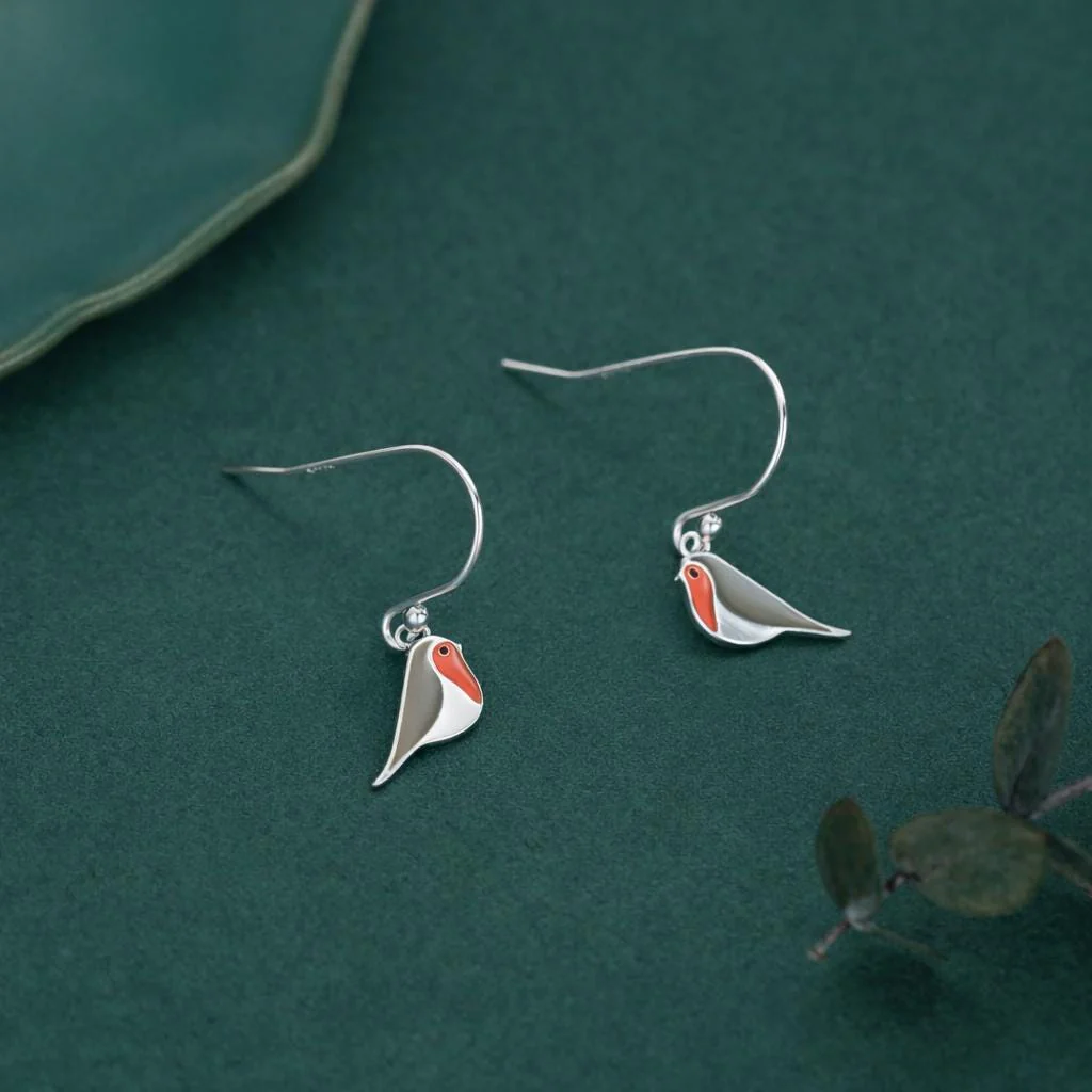 Enamel Robin Bird Drop Hook Earrings in Sterling Silver, Sterling Silver Enamel Robin Earrings, Nature Inspired - Image 3