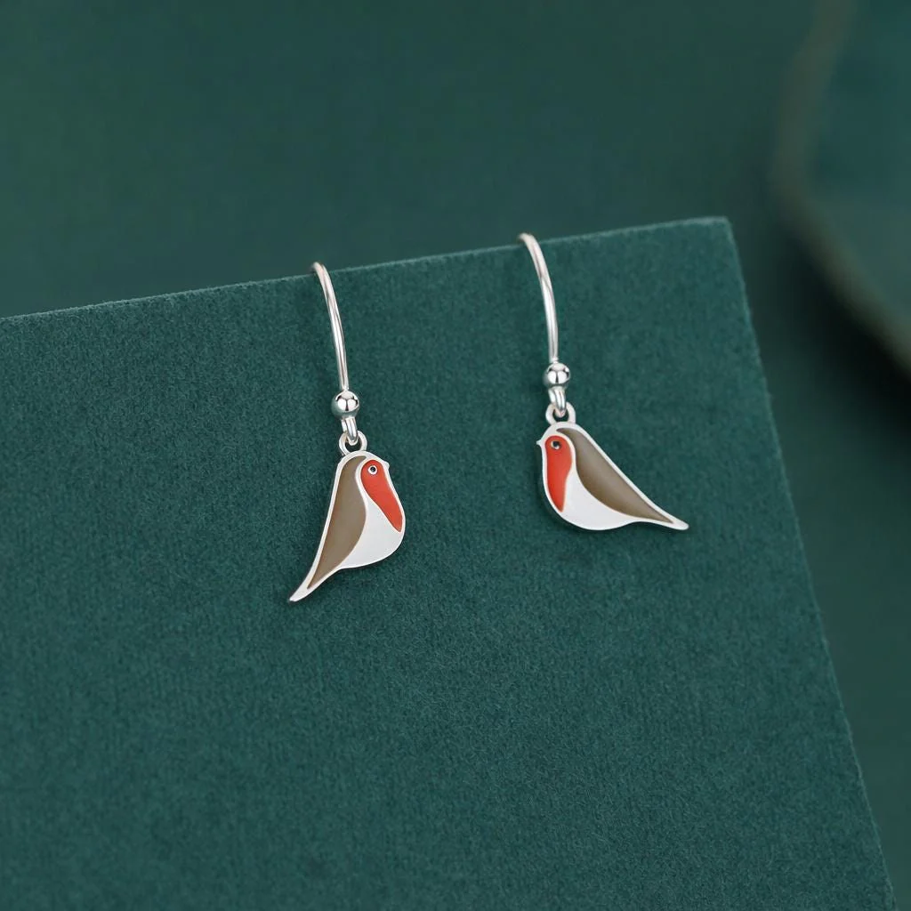 Enamel Robin Bird Drop Hook Earrings in Sterling Silver, Sterling Silver Enamel Robin Earrings, Nature Inspired - Image 5