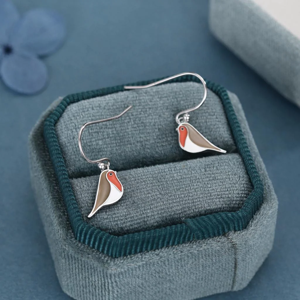 Enamel Robin Bird Drop Hook Earrings in Sterling Silver, Sterling Silver Enamel Robin Earrings, Nature Inspired - Image 6