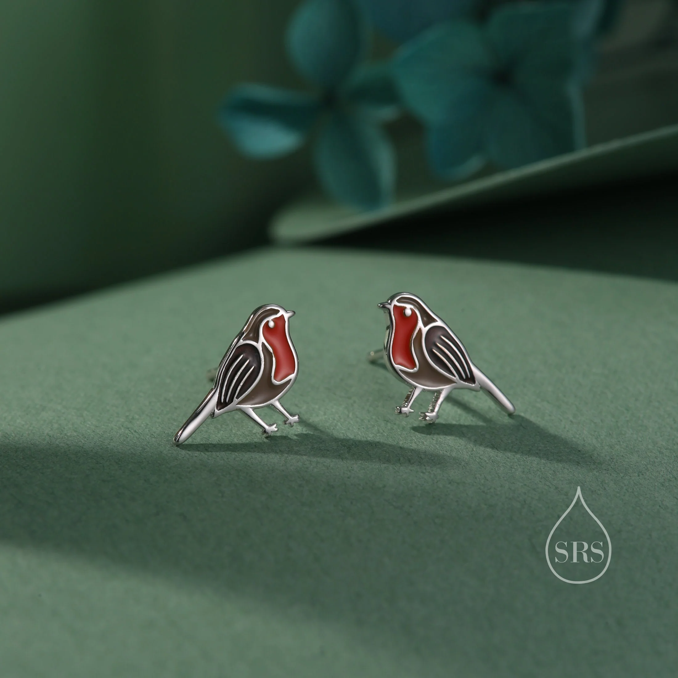 Enamel Robin Bird Stud Earrings in Sterling Silver, Silver or Gold, 2D British Bird Earrings, Nature Inspired Bird Earrings - Image 4