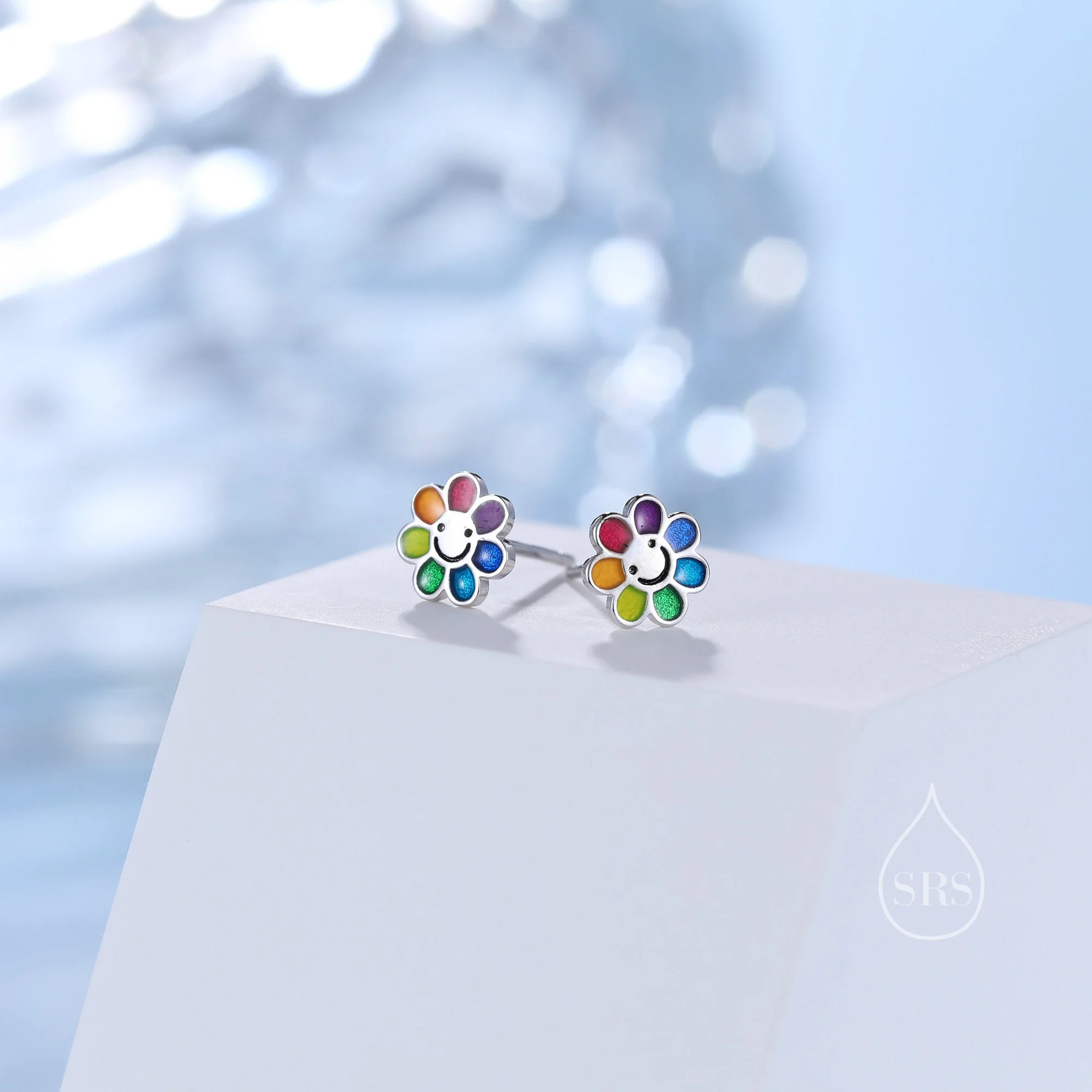 Enamel Smiling Flower Stud Earrings in Sterling Silver, Silver Rainbow Flower Earrings, Multi Colour Flower Stud in Sterling Silver - Image 4