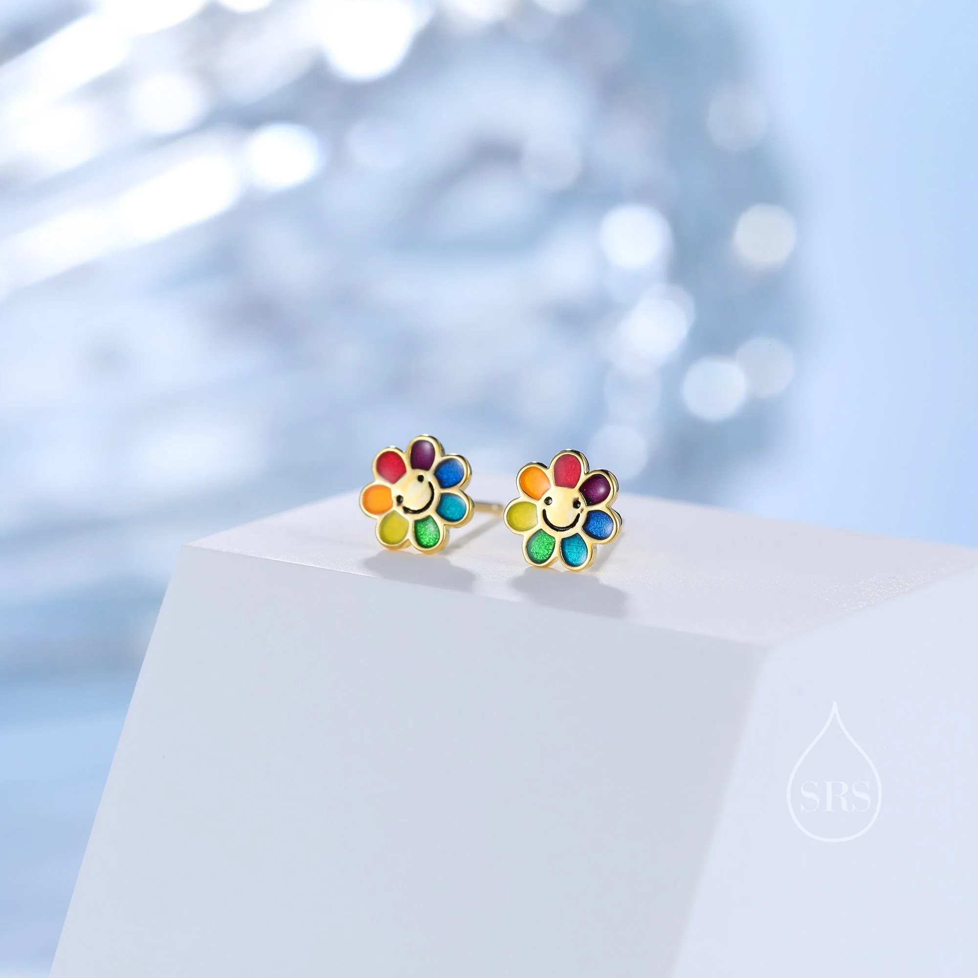 Enamel Smiling Flower Stud Earrings in Sterling Silver, Silver Rainbow Flower Earrings, Multi Colour Flower Stud in Sterling Silver - Image 5