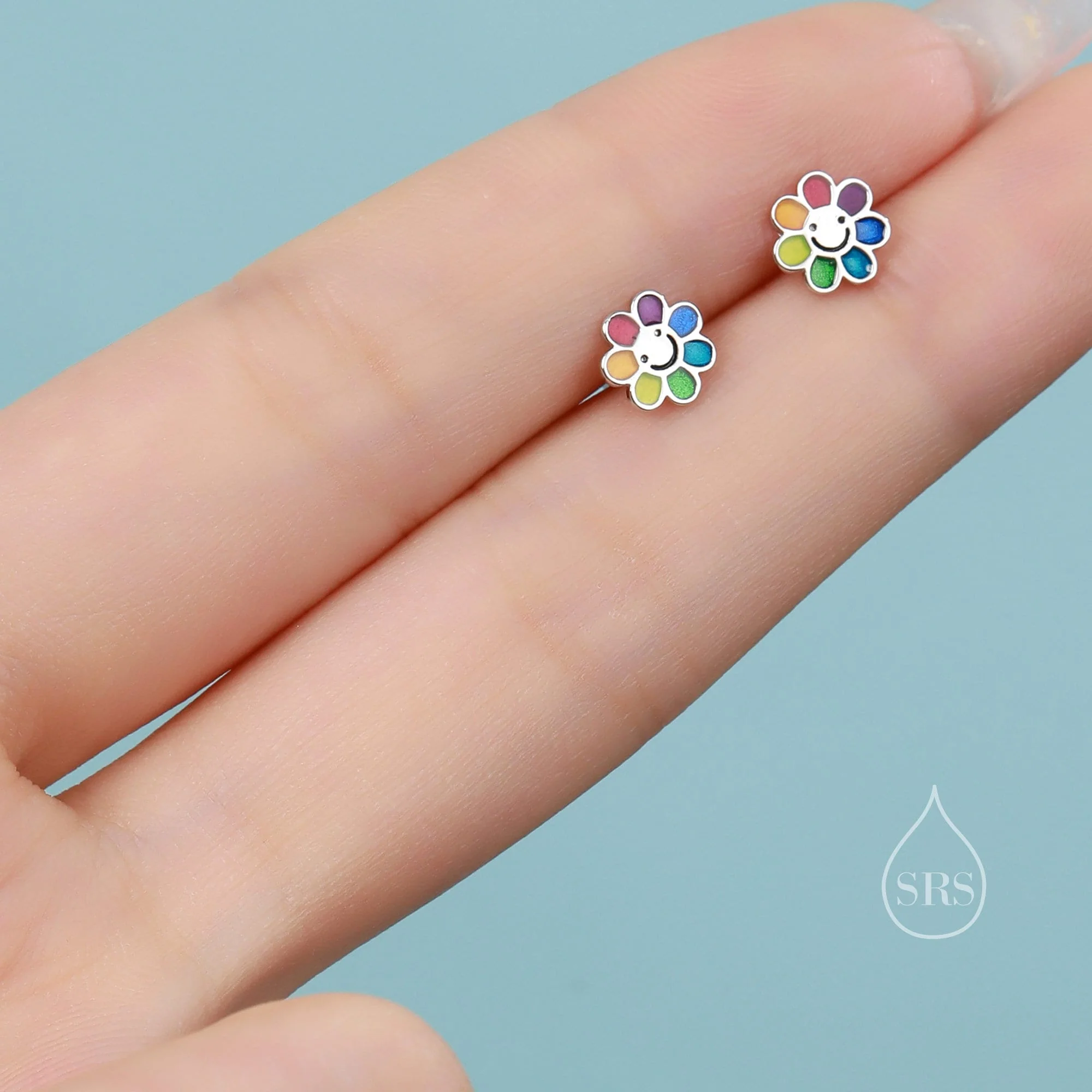 Enamel Smiling Flower Stud Earrings in Sterling Silver, Silver Rainbow Flower Earrings, Multi Colour Flower Stud in Sterling Silver - Image 6