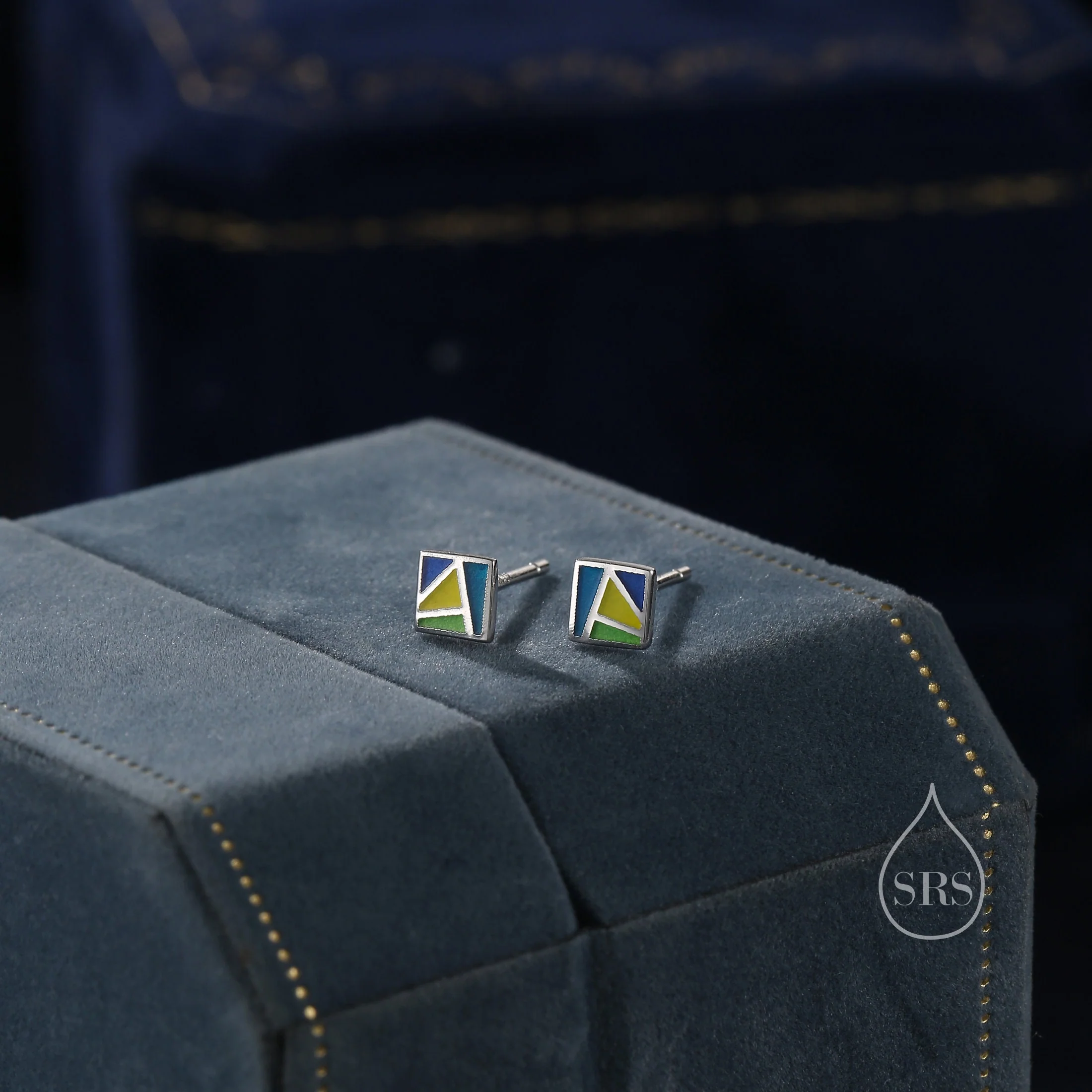 Enamel Square Stud Earrings in Sterling Silver, Hand Painted Enamel Square Earrings, Stained Glass Inspired Square Stud - Image 4