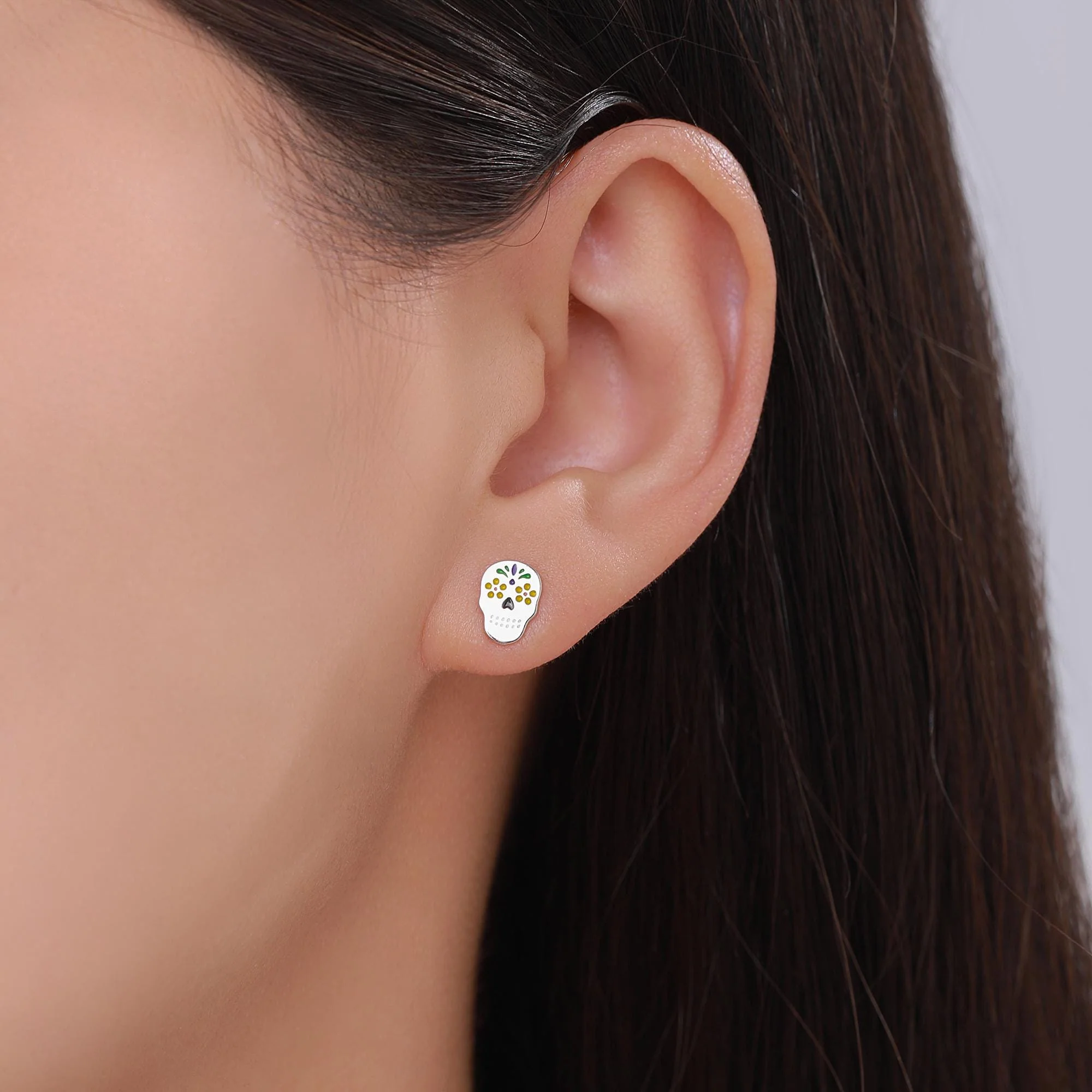 Enamel Sugar Skull Stud Earrings in Sterling Silver, Silver, Gold or Rose Gold, Sugar Skull Earrings, Day of the Dead Earrings, Halloween - Image 2