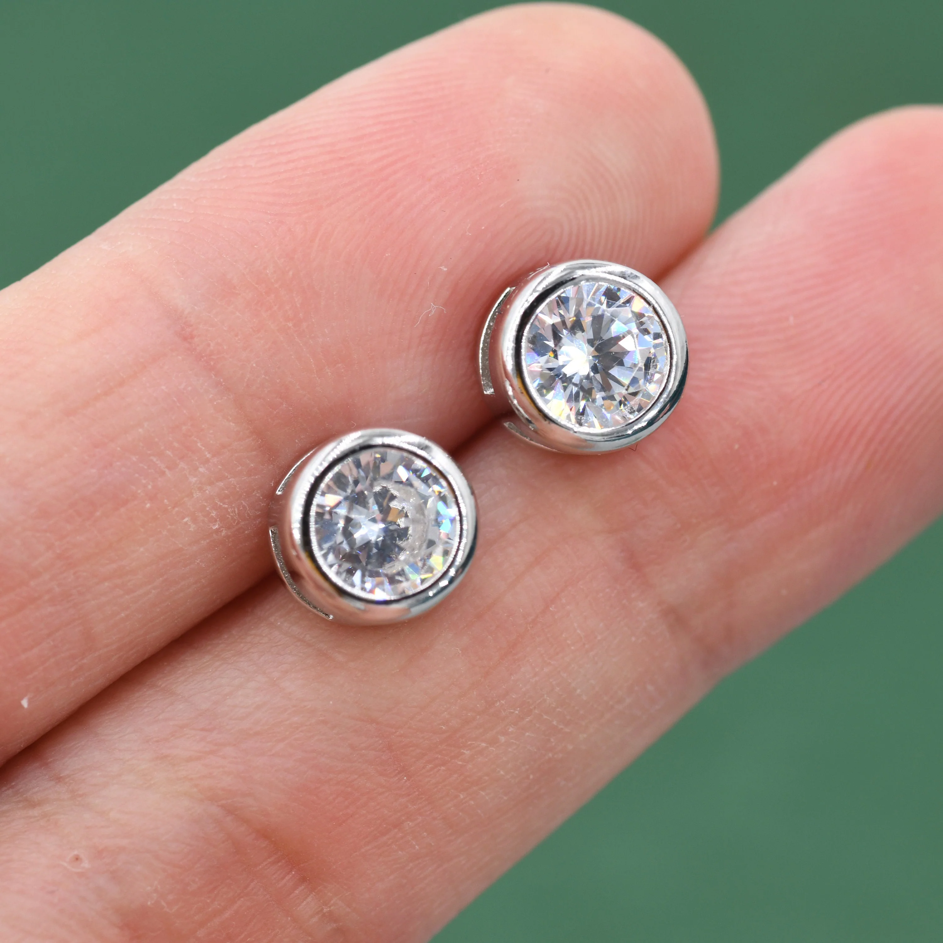 Extra Large 6mm CZ Stud Earrings in Sterling Silver, 6mm Bezel Stud Earrings, 6mm Crystal Earrings, Chunky CZ Stud - Image 2