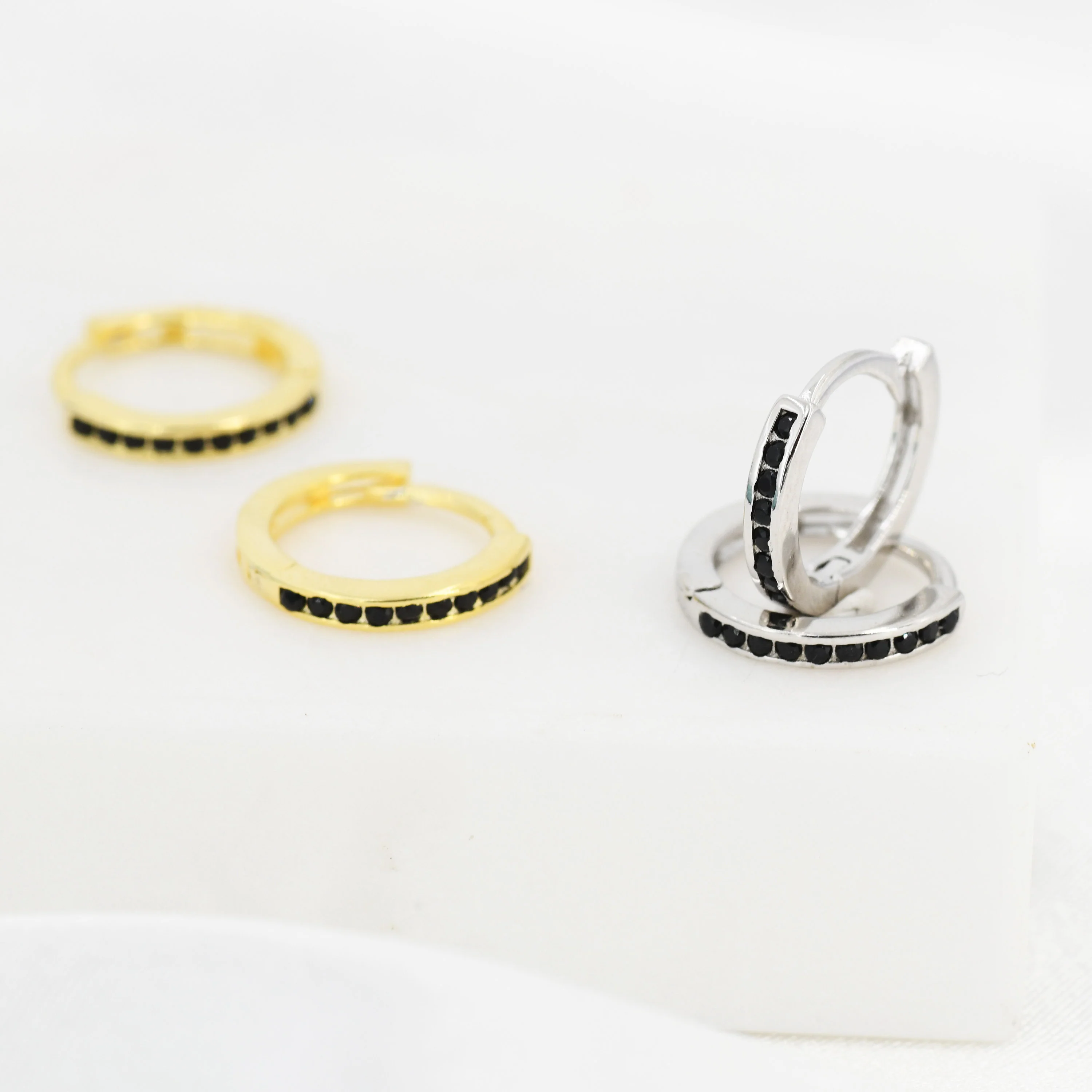 Extra Skinny Black CZ Huggie Hoop in Sterling Silver, Silver or Gold, 8mm Inner Diameter Hoop Earrings, May Birthstone - Image 4