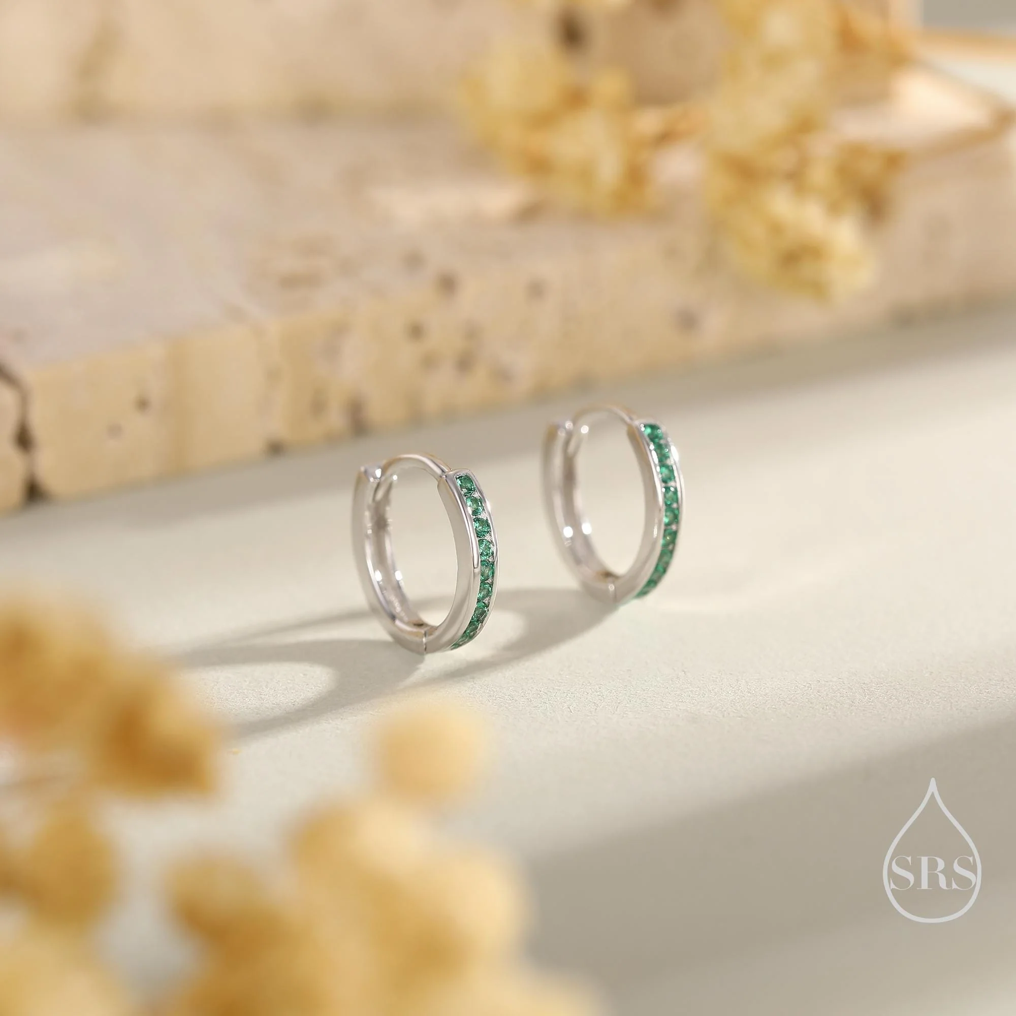 Extra Skinny Emerald Green CZ Huggie Hoop in Sterling Silver, Silver or Gold, 8mm Inner Diameter Hoop Earrings, May Birthstone - Image 3