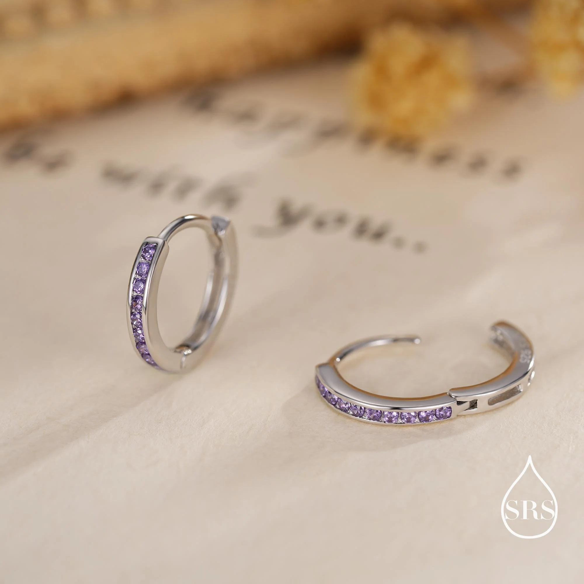 Extra Skinny  Lilac Purple Amethyst CZ Huggie Hoop in Sterling Silver, Silver or Gold,  8mm Hoop Earrings, February Birthstone - Image 3