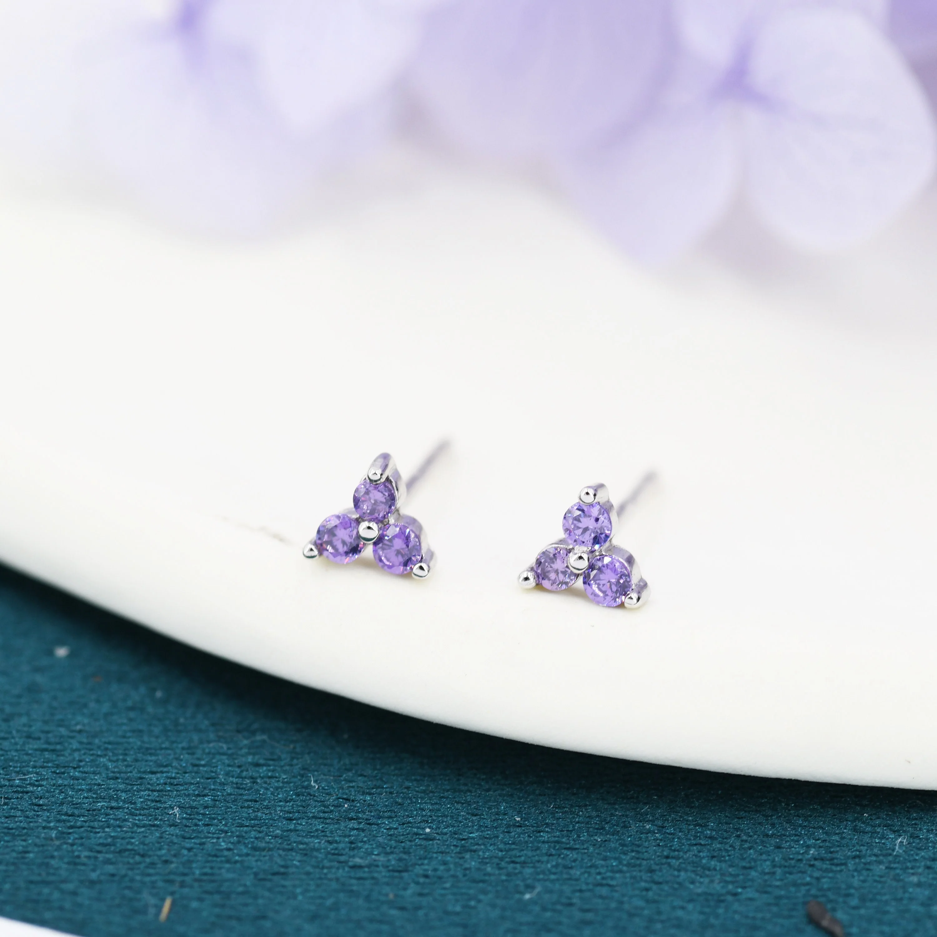 Extra Small Trinity CZ Stud Earrings in Sterling Silver - Three Dot - Gold or Silver - Amethyst pruple - Image 2