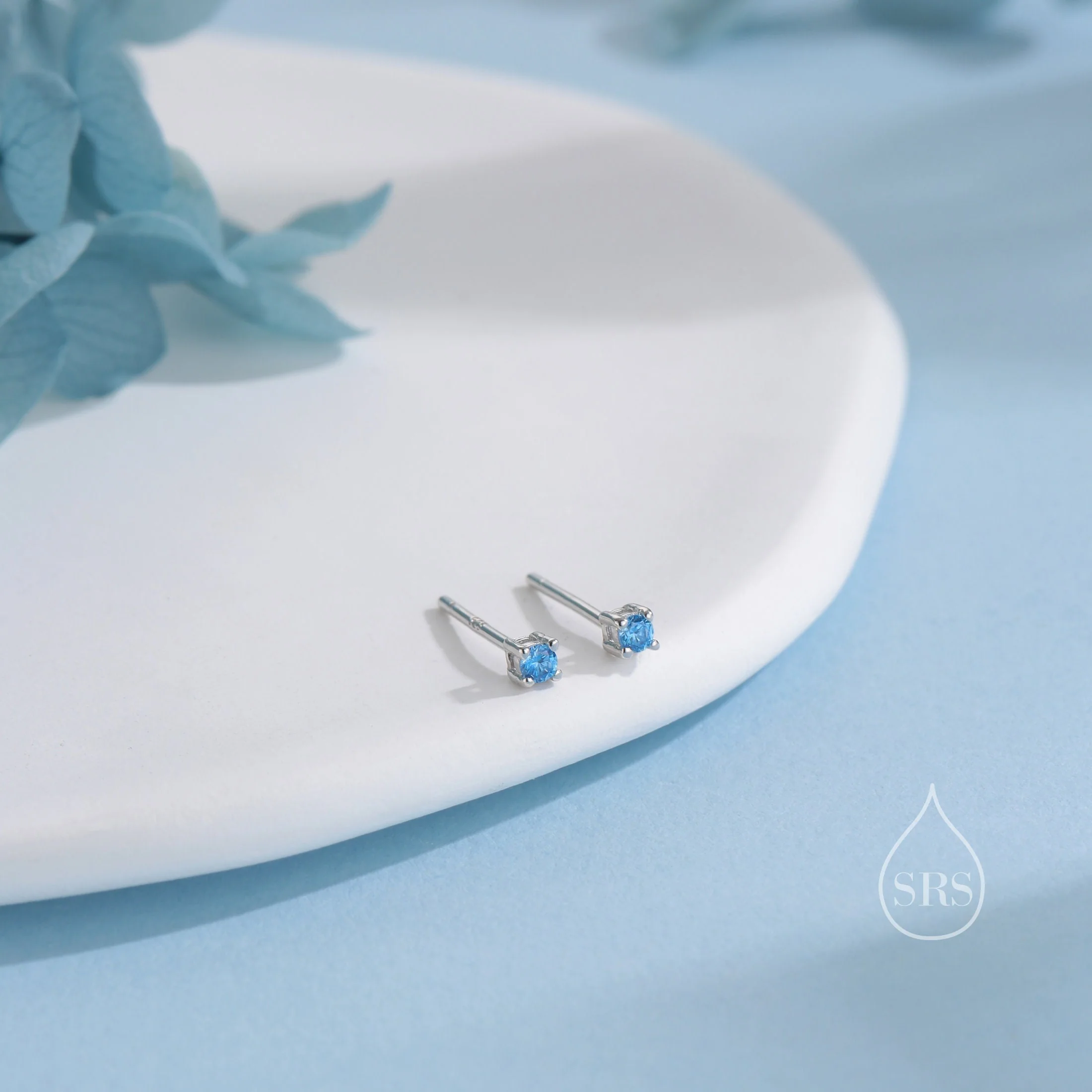Extra Tiny 2mm Aquamarine Blue CZ Stud Earrings in Sterling Silver, Silver or Gold, Barely Visible Stud Earrings, 2mm Blue Earrings - Image 2