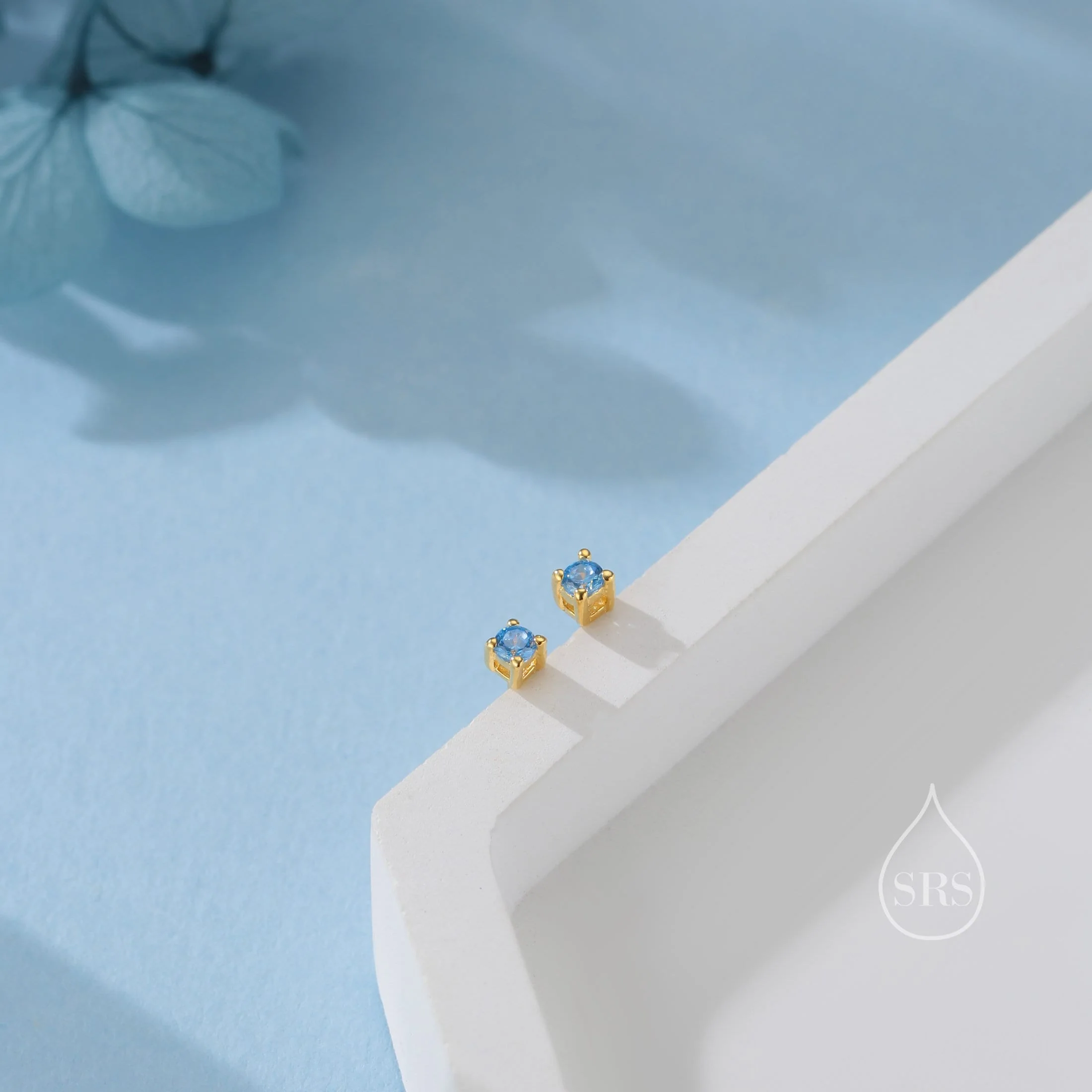 Extra Tiny 2mm Aquamarine Blue CZ Stud Earrings in Sterling Silver, Silver or Gold, Barely Visible Stud Earrings, 2mm Blue Earrings - Image 3