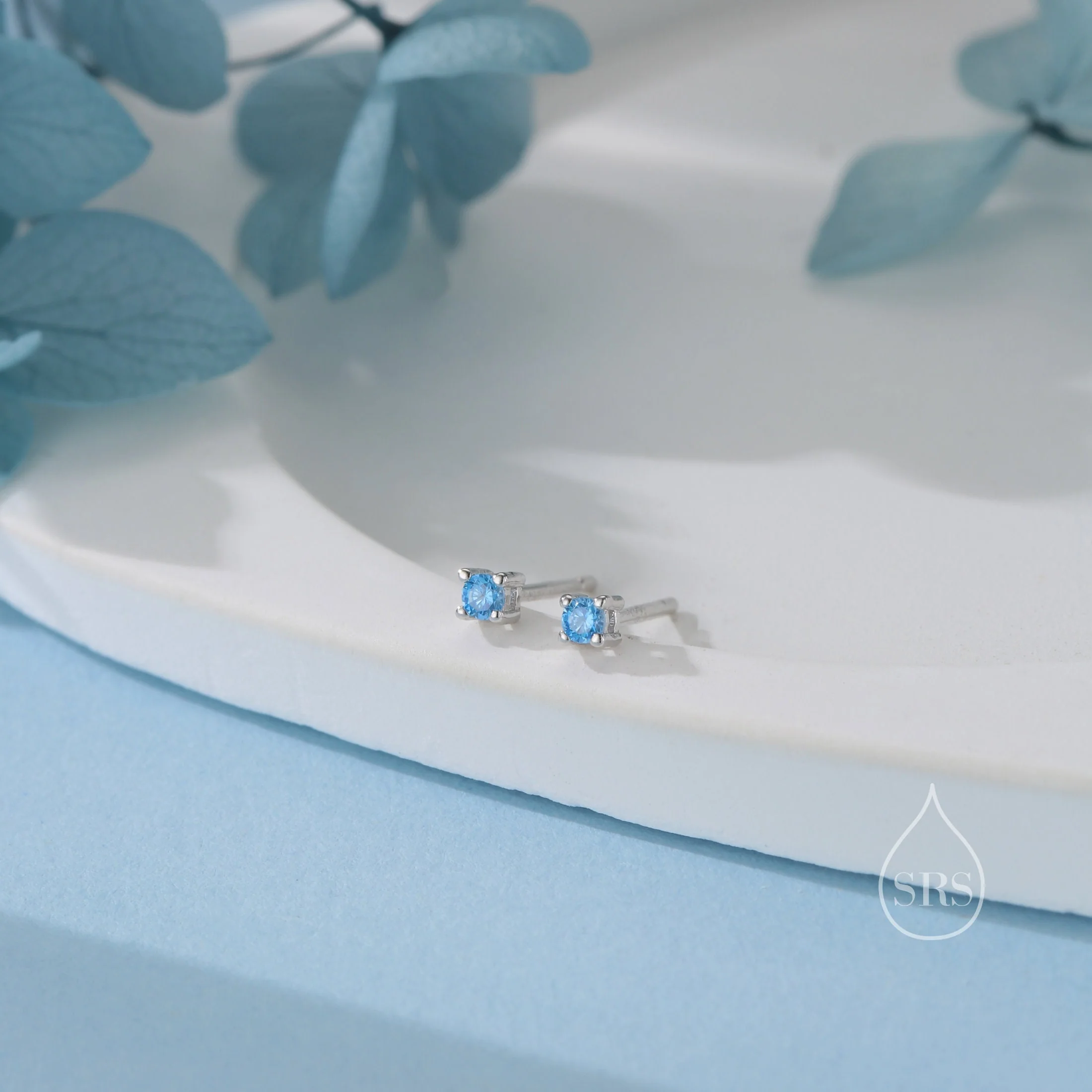 Extra Tiny 2mm Aquamarine Blue CZ Stud Earrings in Sterling Silver, Silver or Gold, Barely Visible Stud Earrings, 2mm Blue Earrings - Image 4