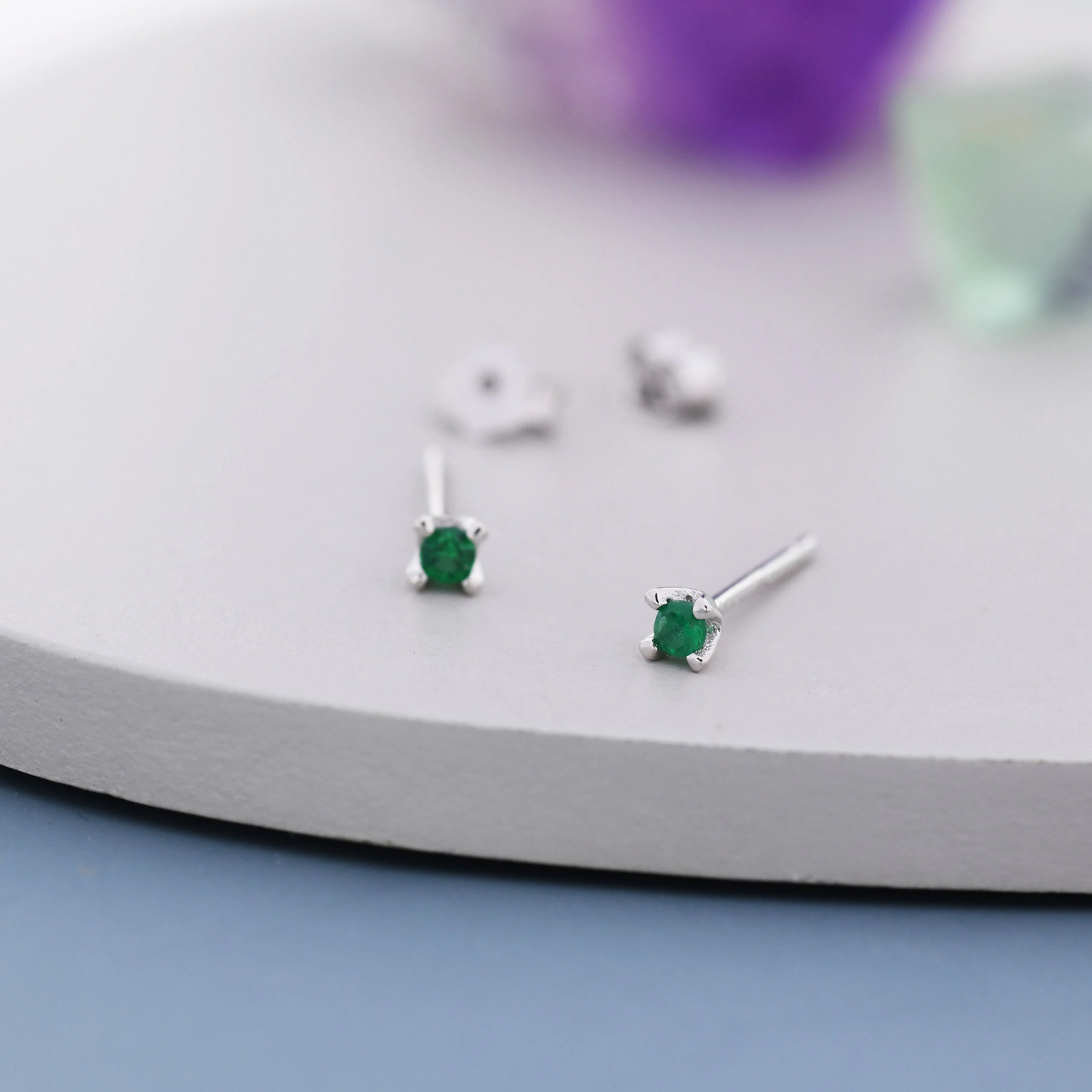 Extra Tiny 2mm Emerald Green CZ Stud Earrings in Sterling Silver, Barely Visible Stud Earrings, 2mm Emerald Earrings, Tiny Crystal Earrings - Image 7