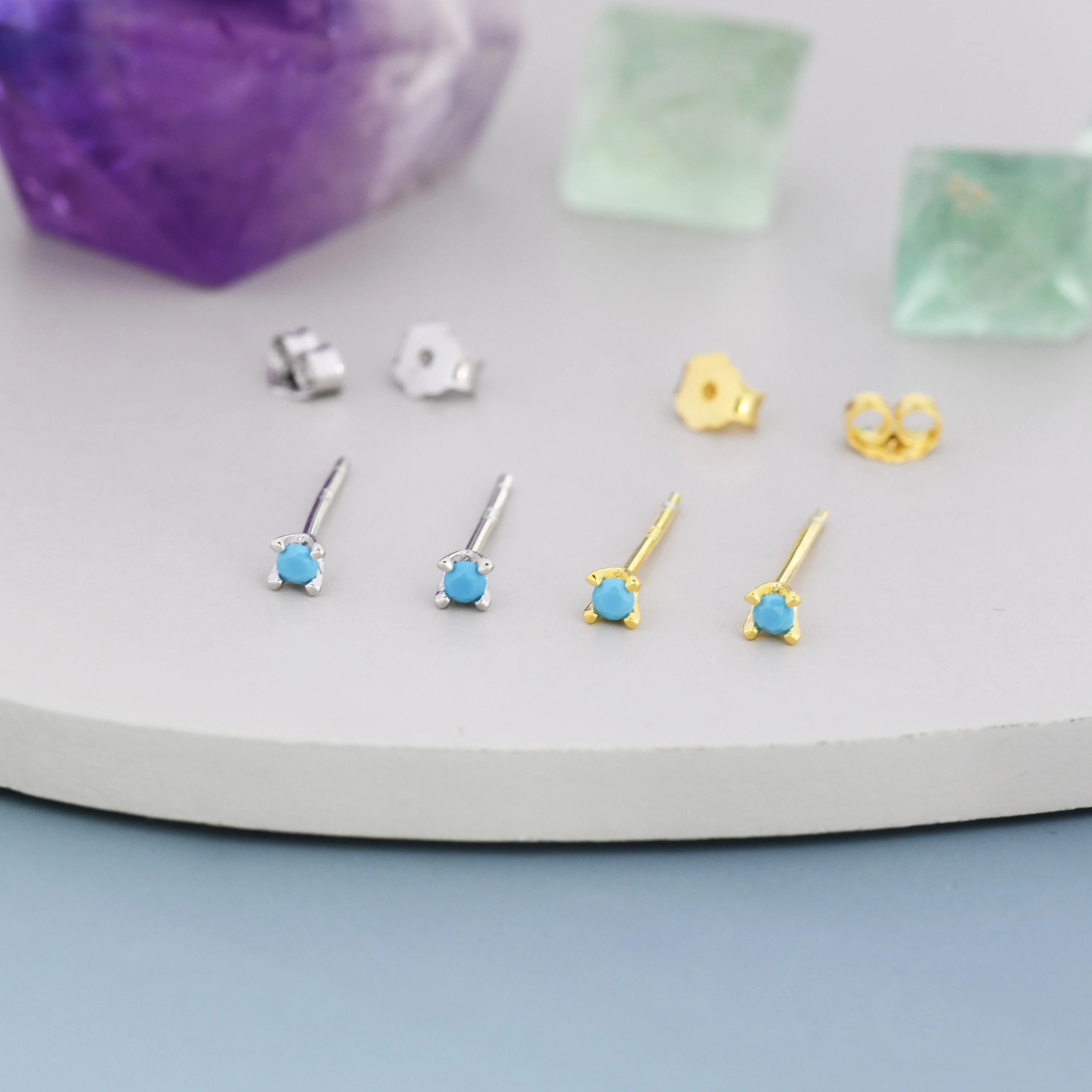 Extra Tiny 2mm Turquoise Stud Earrings in Sterling Silver, Barely Visible Stud Earrings, 2mm Nano Turquoise Earrings, Tiny Crystal Earrings - Image 2