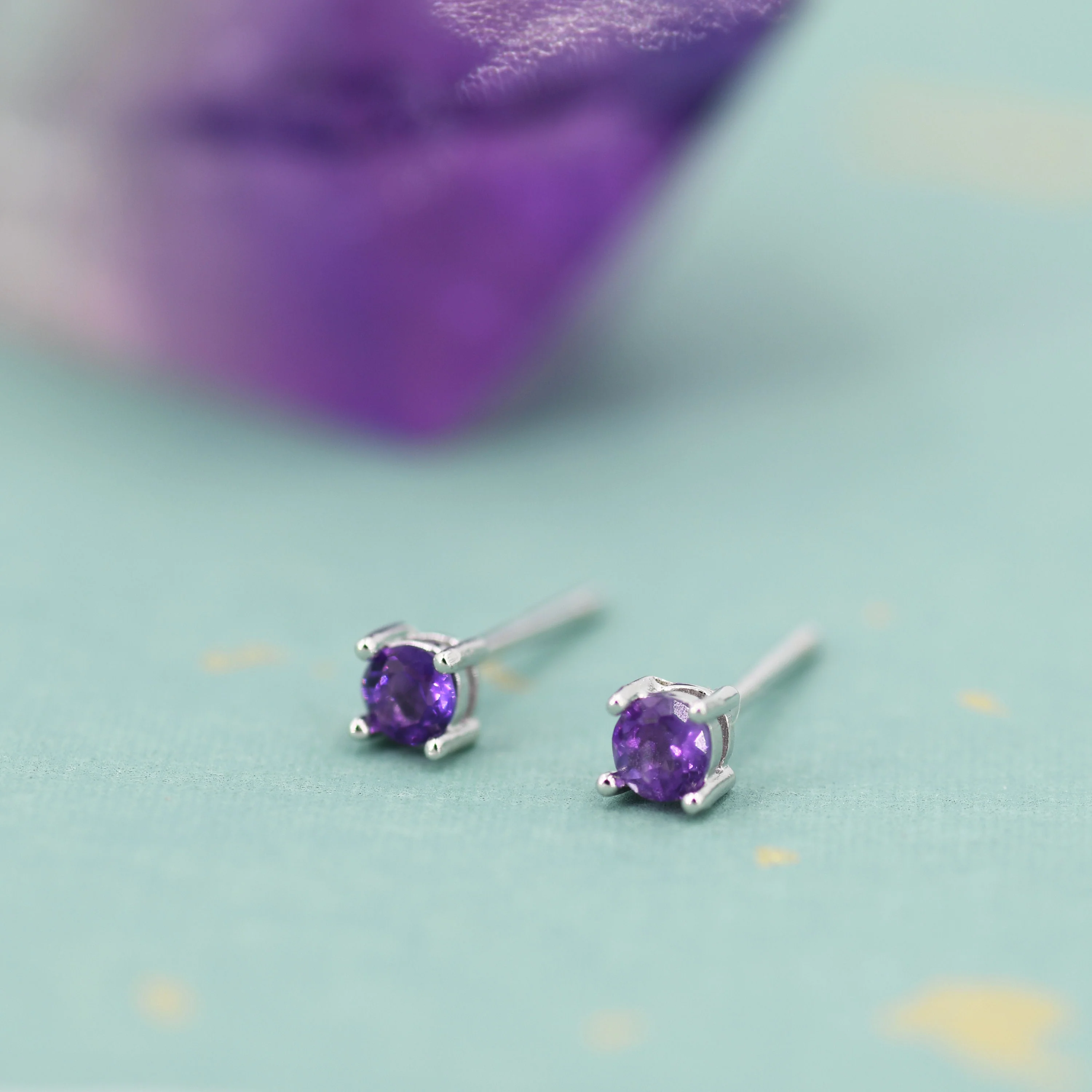 Extra Tiny 3mm Natural Amethyst Stud Earrings in Sterling Silver, Four Prong Set, Genuine Amethyst Gemstone Stud, February Birthstone - Image 4