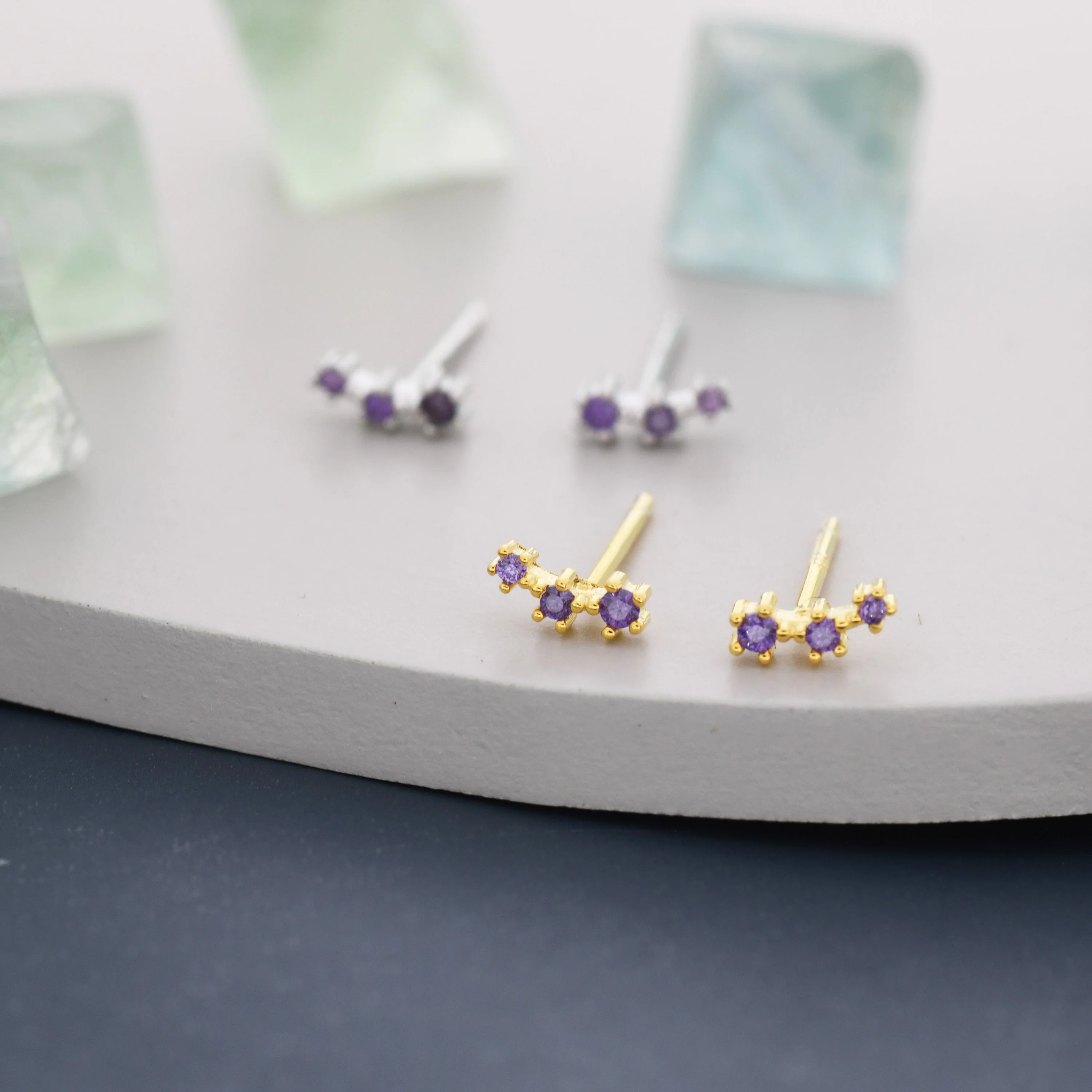 Extra Tiny Amethyst Purple CZ Trio Stud Earrings in Sterling Silver, Silver or Gold, Tiny Three Star CZ Earrings, Stacking Earrings - Image 2