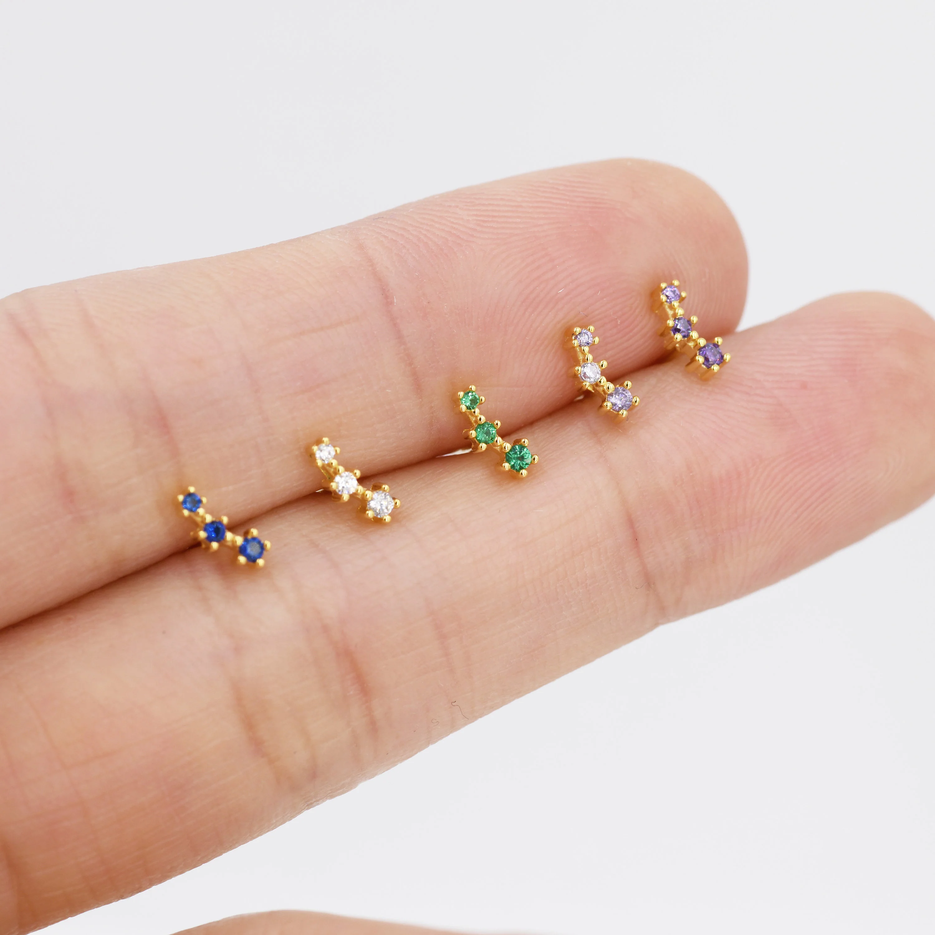 Extra Tiny Amethyst Purple CZ Trio Stud Earrings in Sterling Silver, Silver or Gold, Tiny Three Star CZ Earrings, Stacking Earrings - Image 7