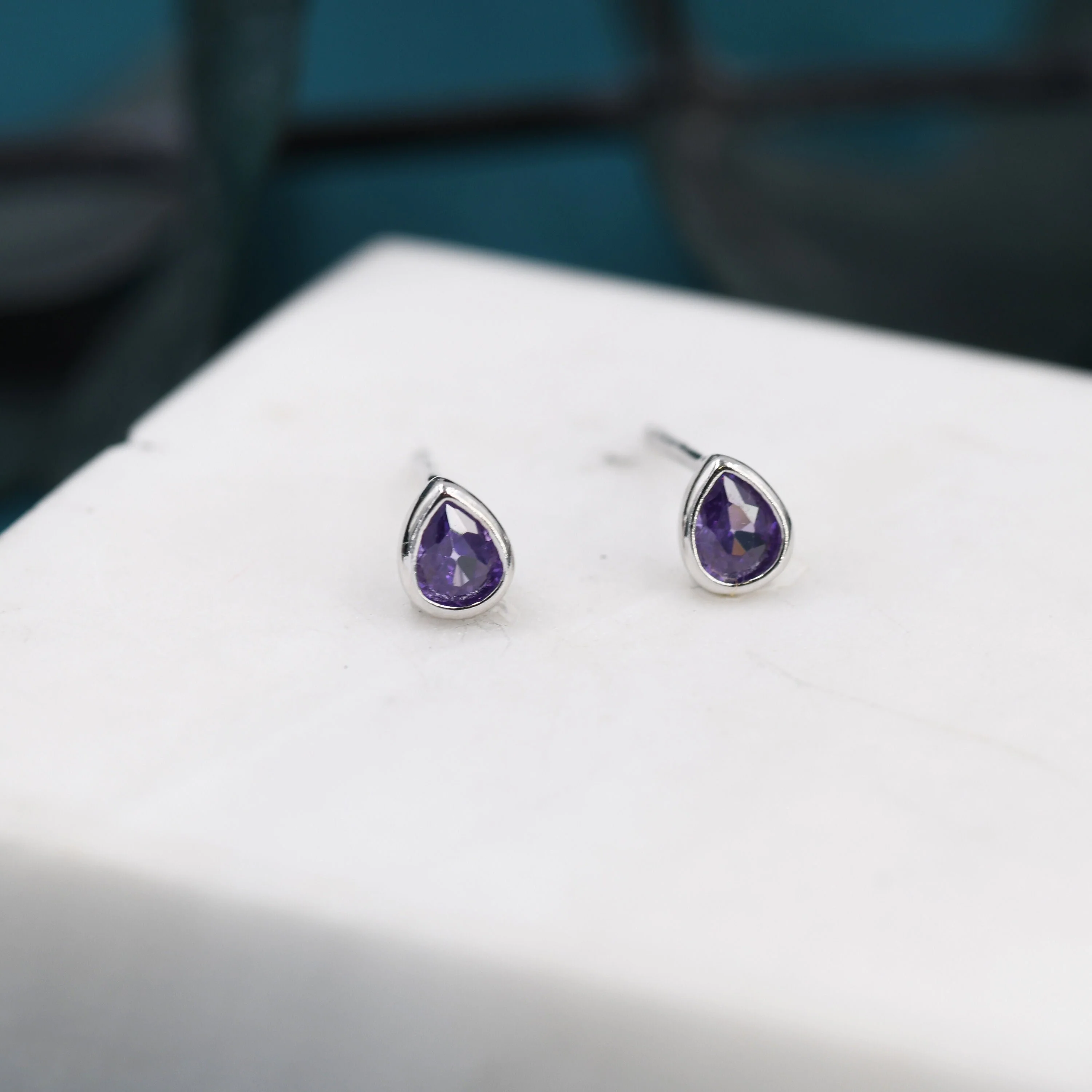 Extra Tiny Amethyst Purple Droplet CZ Stud Earrings in Sterling Silver, Tiny Pear Cut Bezel CZ Stud Earrings, February Birthstone - Image 3