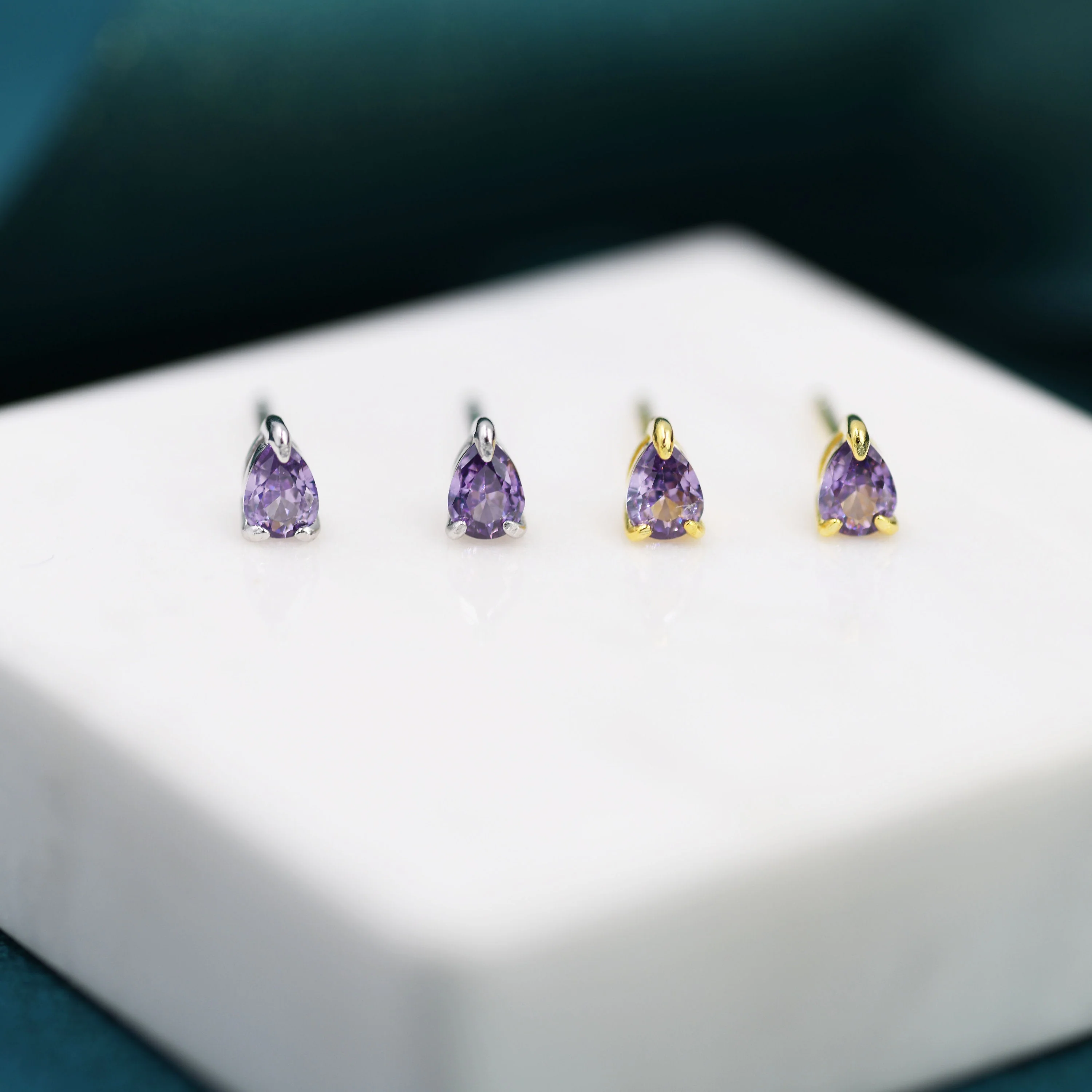 Extra Tiny Amethyst Purple Droplet CZ Stud Earrings in Sterling Silver, Tiny Pear Cut CZ Stud Earrings, Silver or Gold, February Birthstone - Image 4