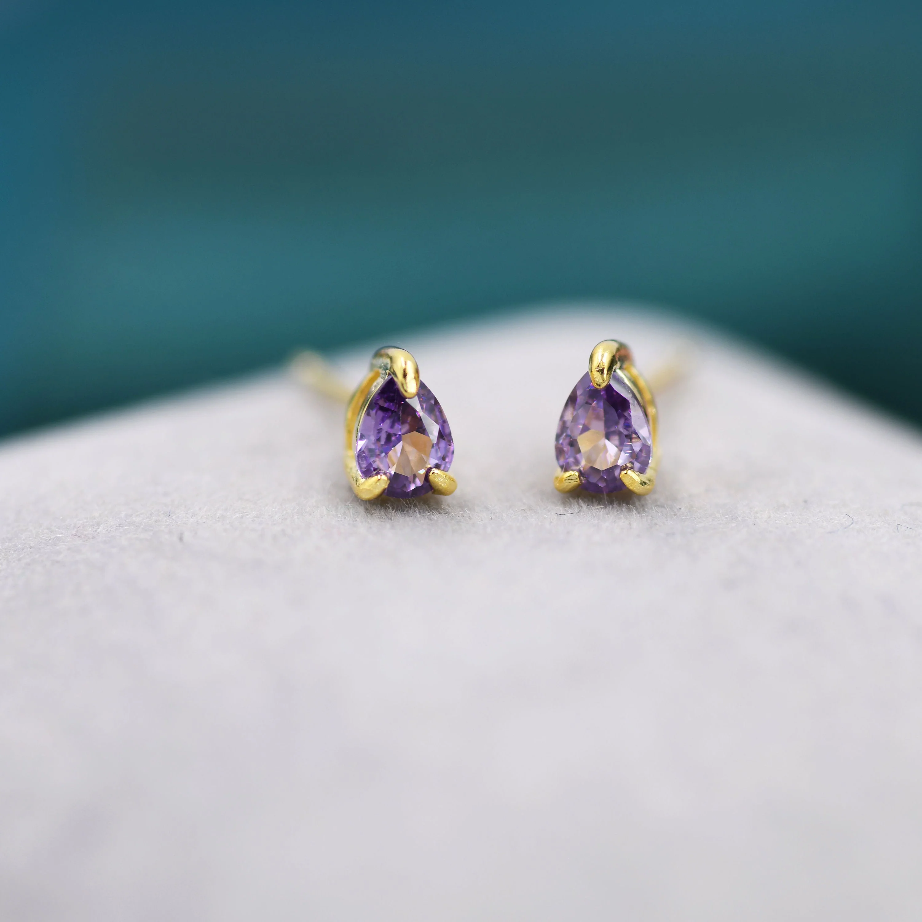 Extra Tiny Amethyst Purple Droplet CZ Stud Earrings in Sterling Silver, Tiny Pear Cut CZ Stud Earrings, Silver or Gold, February Birthstone - Image 6