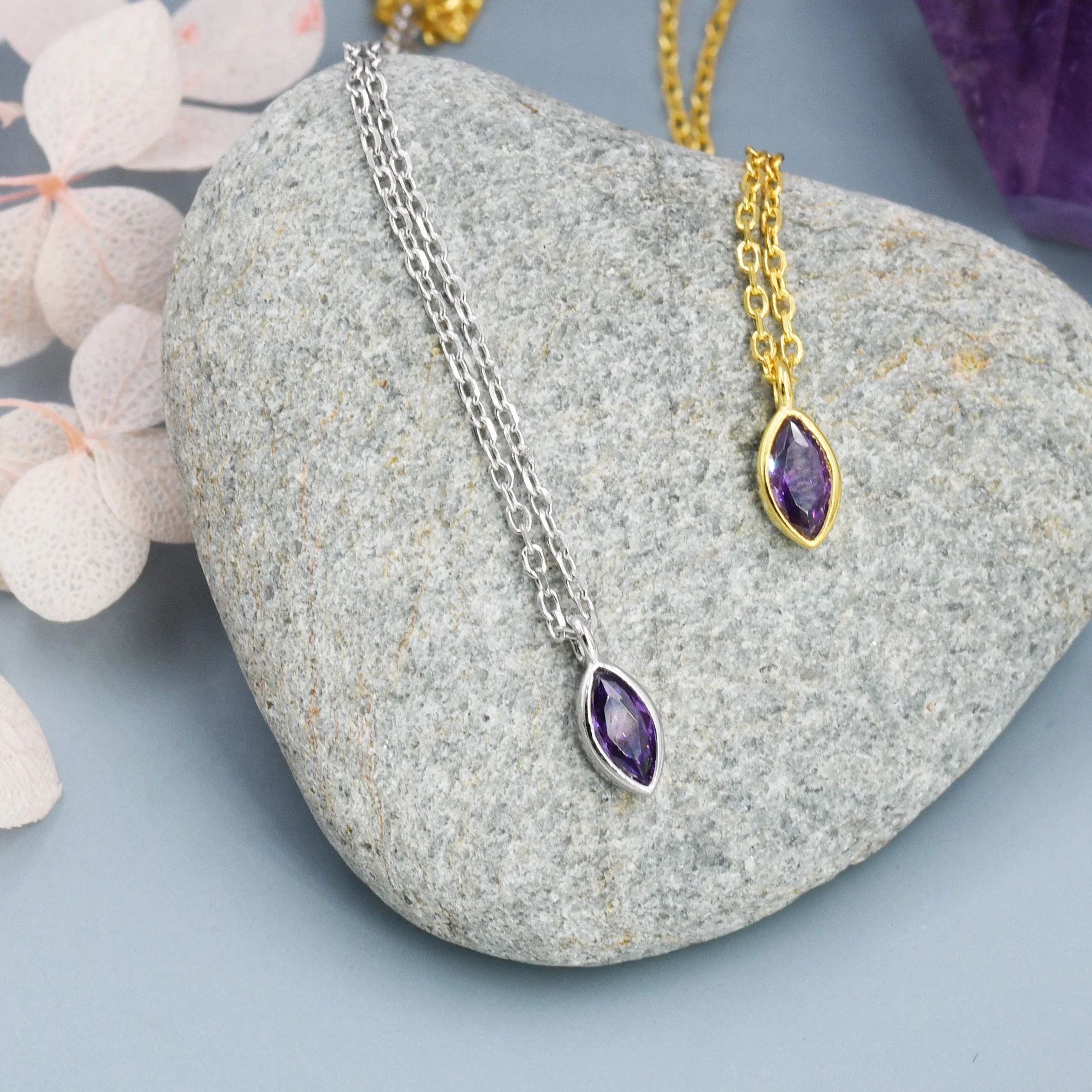 Extra Tiny Amethyst Purple Marquise CZ Necklace in Sterling Silver, Silver or Gold, Single Marquise Necklace - Image 3