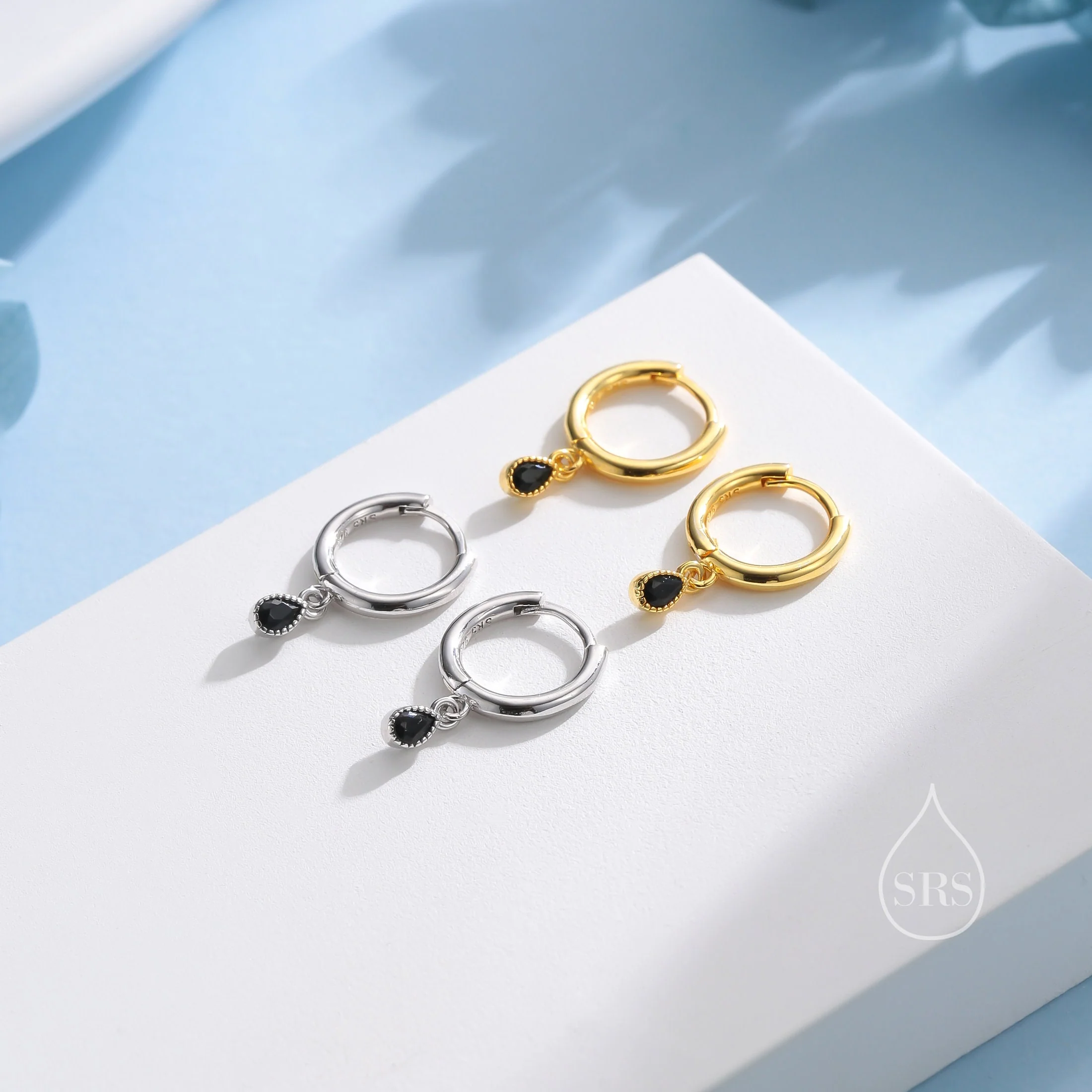 Extra Tiny Black Dotted Droplet CZ Huggie Hoop Earrings in Sterling Silver, Silver or Gold, Geometric Hoop Earrings, Vintage Style - Image 3