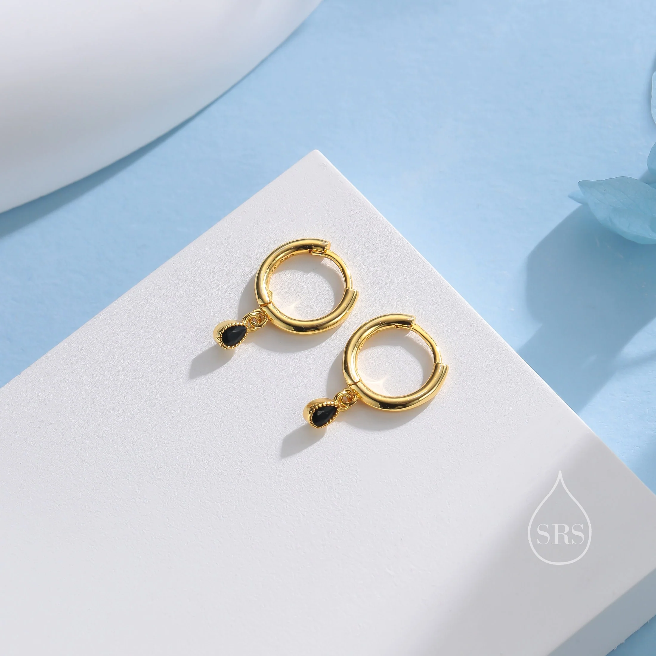 Extra Tiny Black Dotted Droplet CZ Huggie Hoop Earrings in Sterling Silver, Silver or Gold, Geometric Hoop Earrings, Vintage Style - Image 5