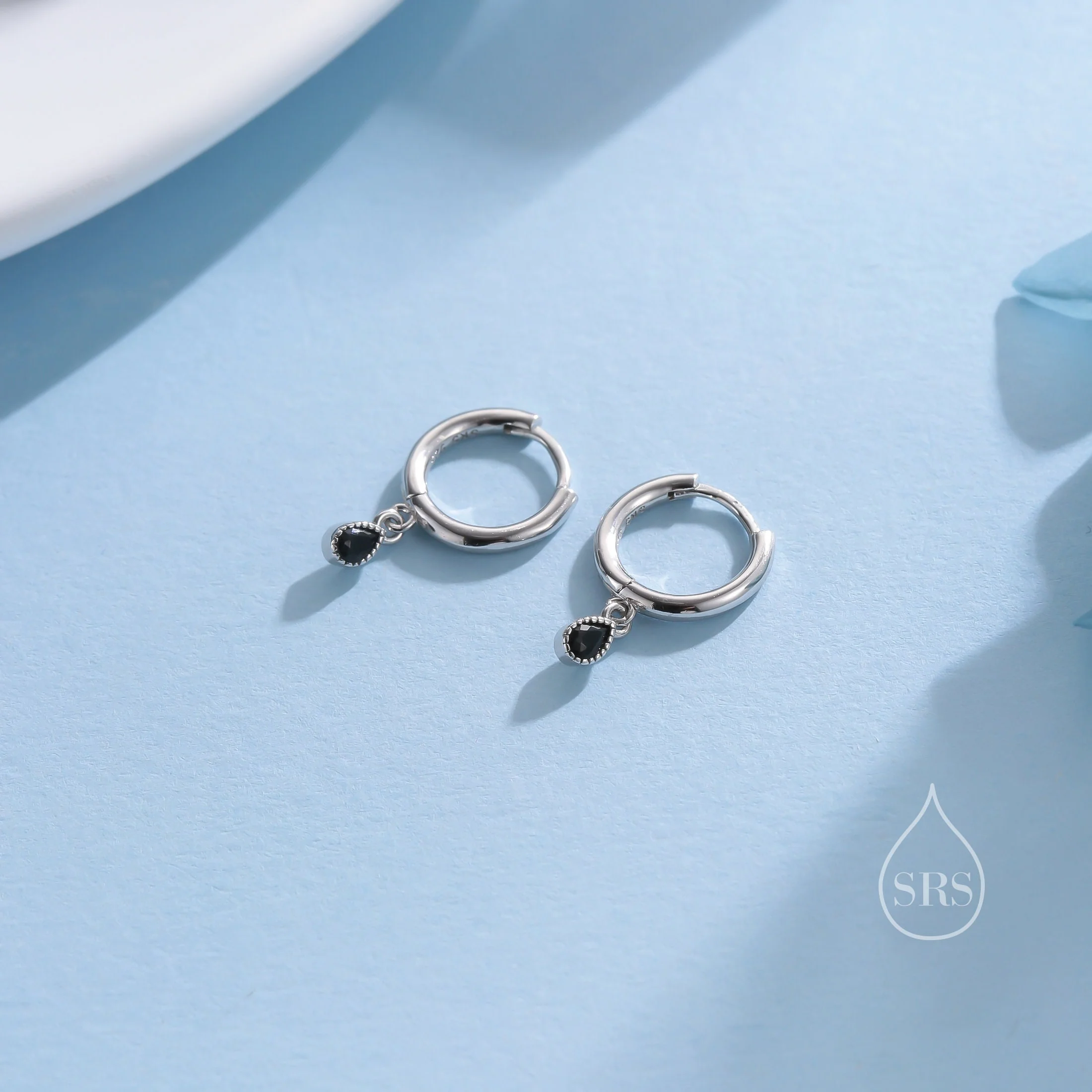 Extra Tiny Black Dotted Droplet CZ Huggie Hoop Earrings in Sterling Silver, Silver or Gold, Geometric Hoop Earrings, Vintage Style - Image 6
