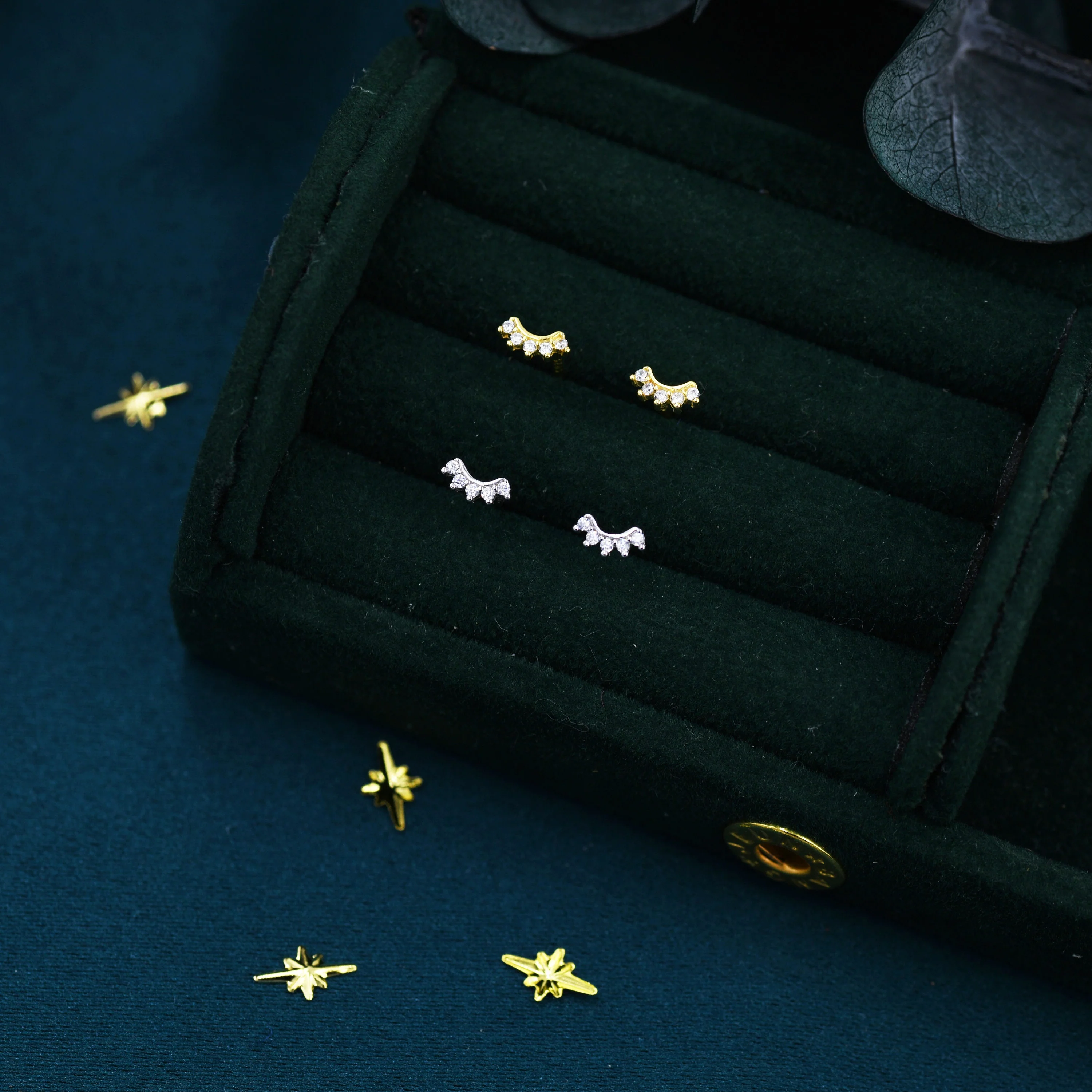 Extra Tiny Curved Bar CZ Stud Earrings / Screw Back Earrings in Sterling Silver, Silver or Gold, Geometric Tiny Three Star CZ Earrings - Image 3